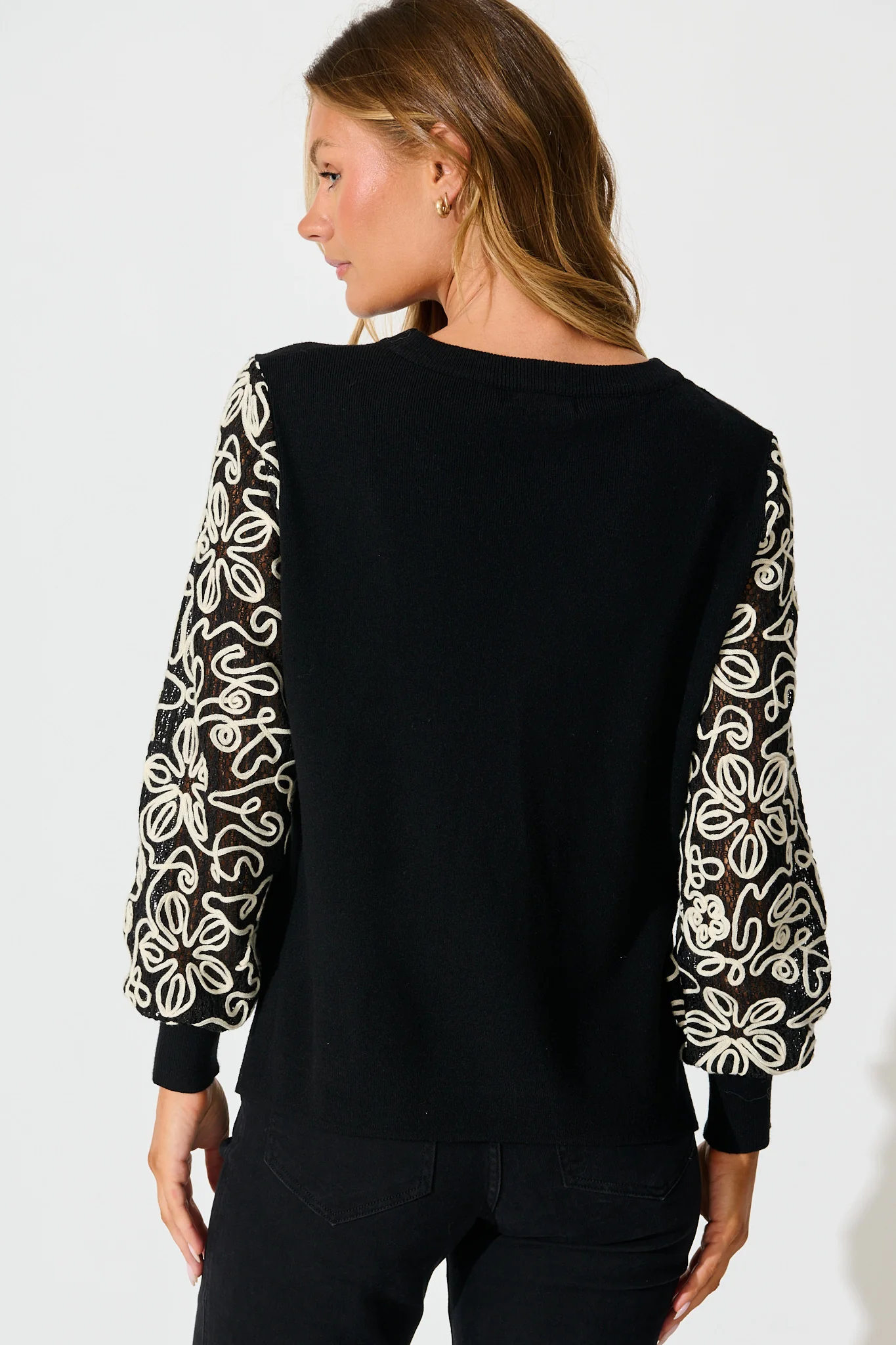 Nyomi Knit in Black with Embroidered Sleeve Wool Blend - Image 6