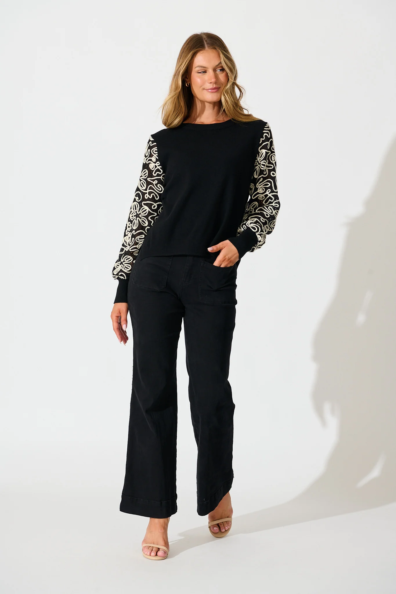 Nyomi Knit in Black with Embroidered Sleeve Wool Blend - Image 7