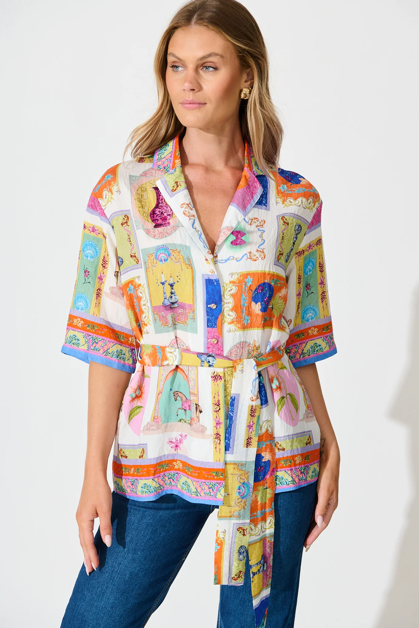 Oasis Shirt in Cream with Multi Conversational Print - Image 3