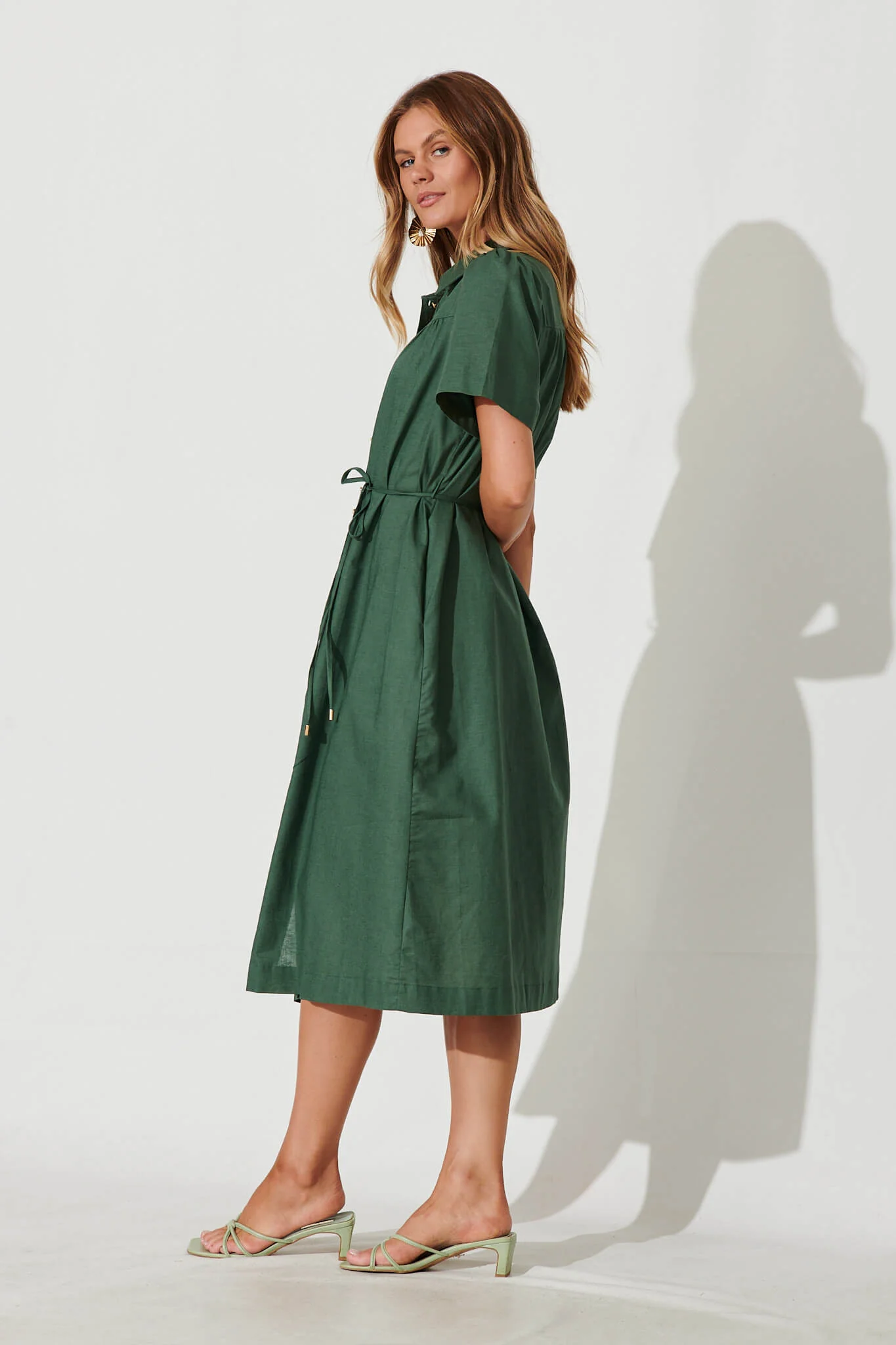 Oatland Midi Shirt Dress In Green Cotton Linen - Image 3