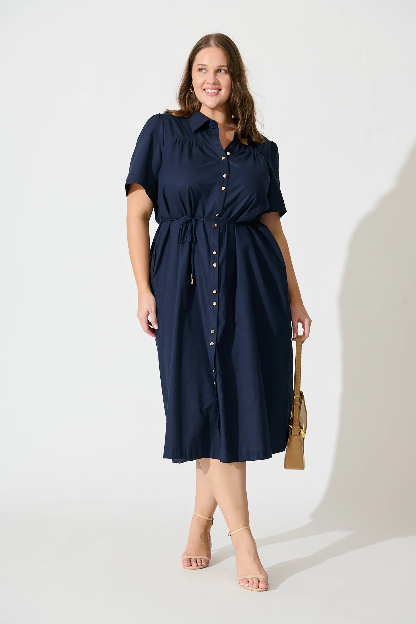 Oatland Midi Shirt Dress In Navy Cotton Linen - Image 7