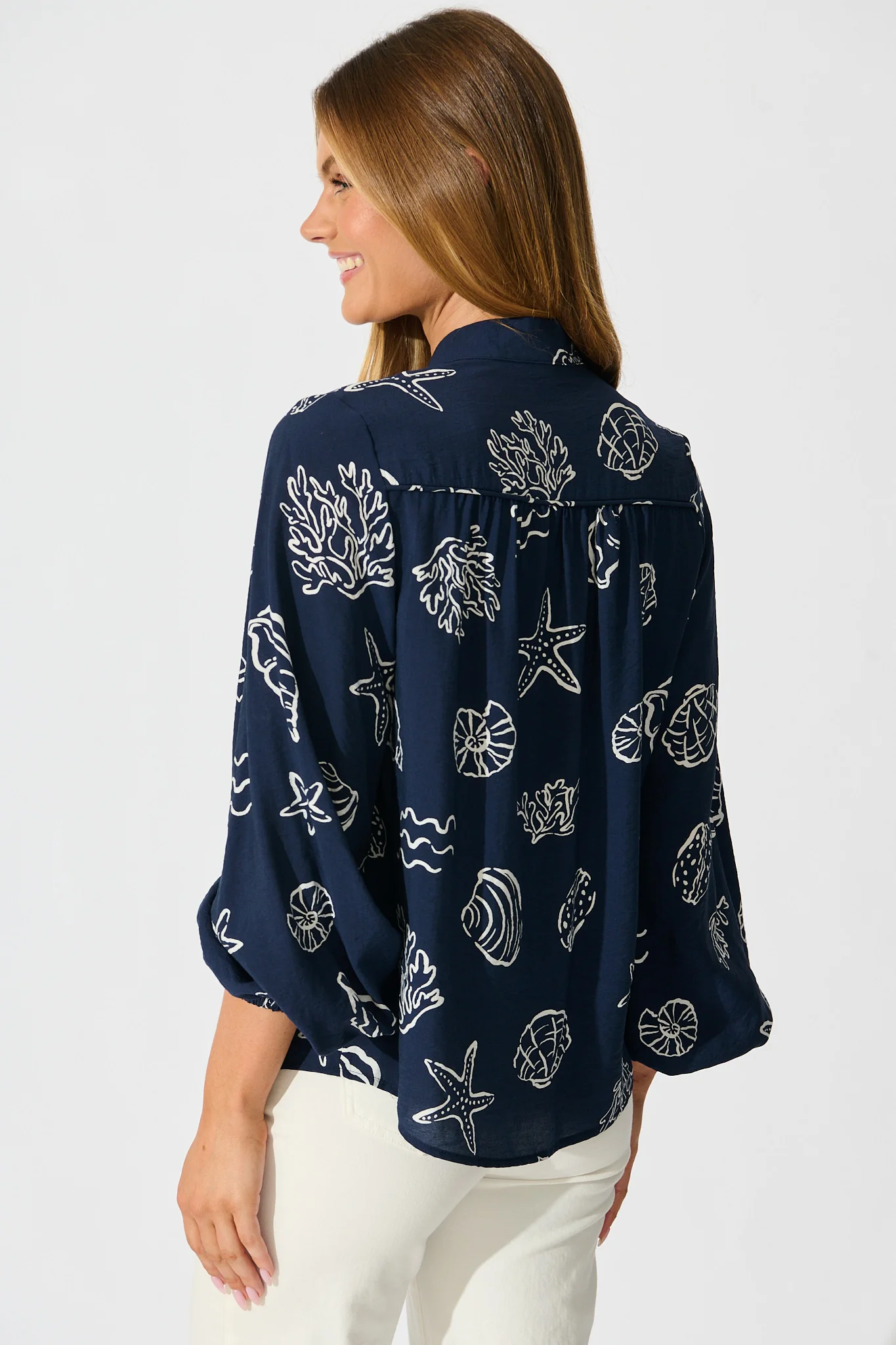 Oceans Embrace Top in Navy with White Shell Print - Image 3