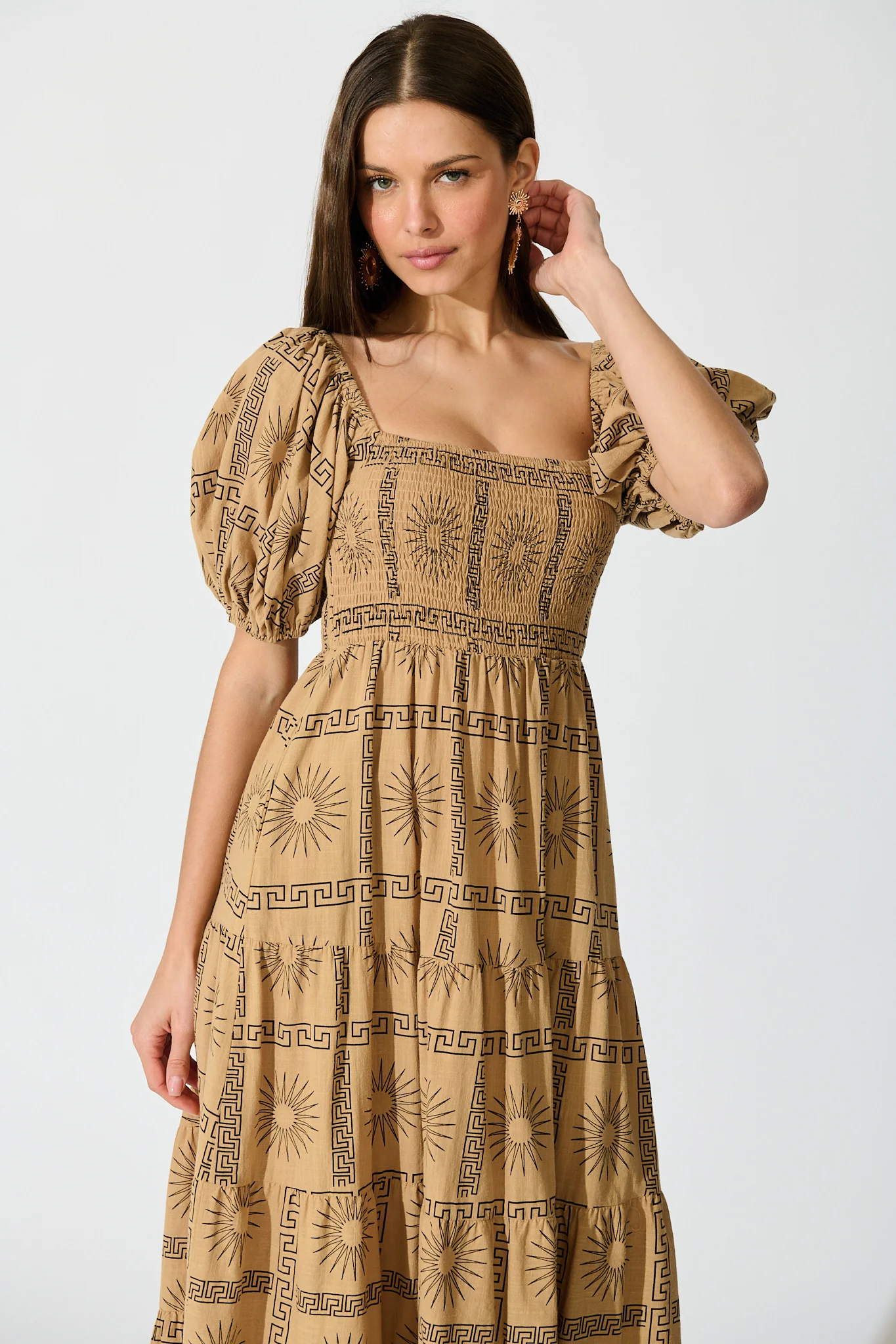 Oden Midi Dress in Camel Tile Print Cotton - Image 2