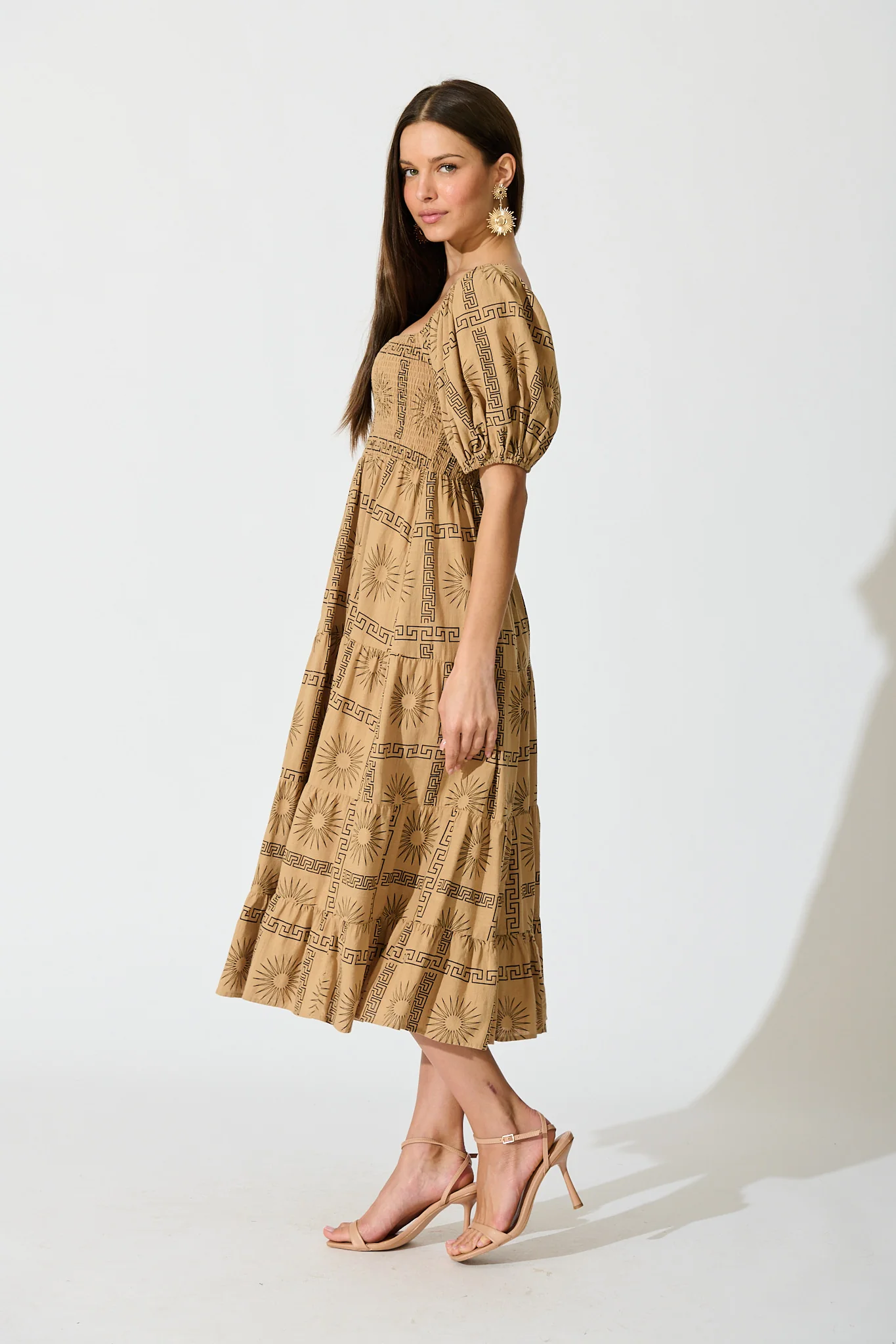 Oden Midi Dress in Camel Tile Print Cotton - Image 3