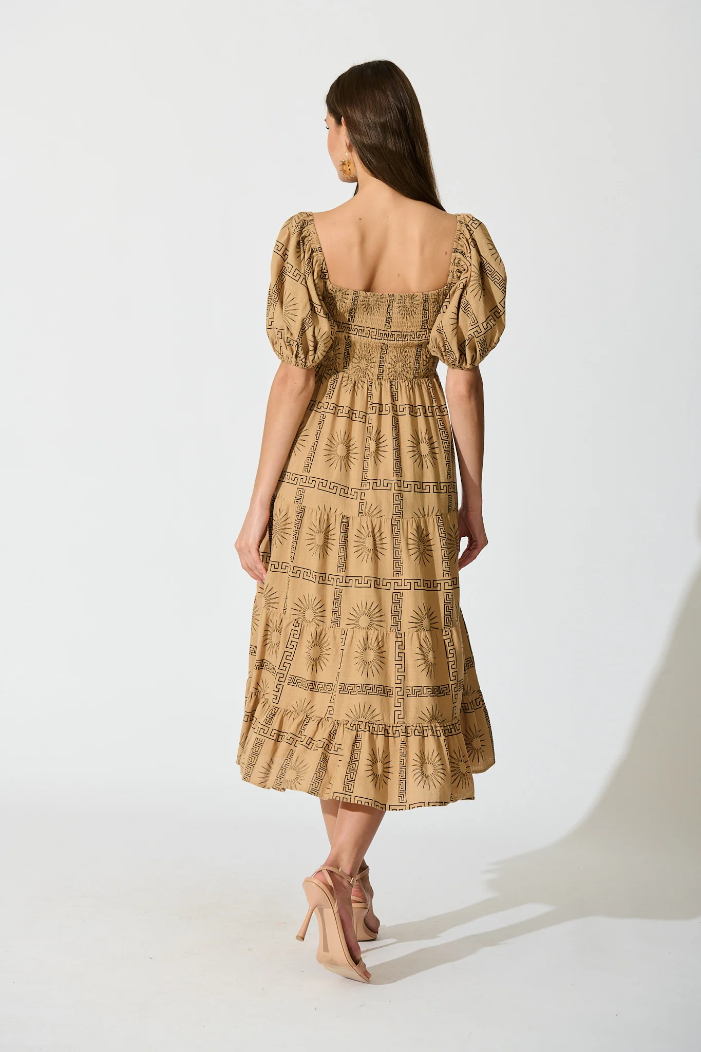 Oden Midi Dress in Camel Tile Print Cotton - Image 4