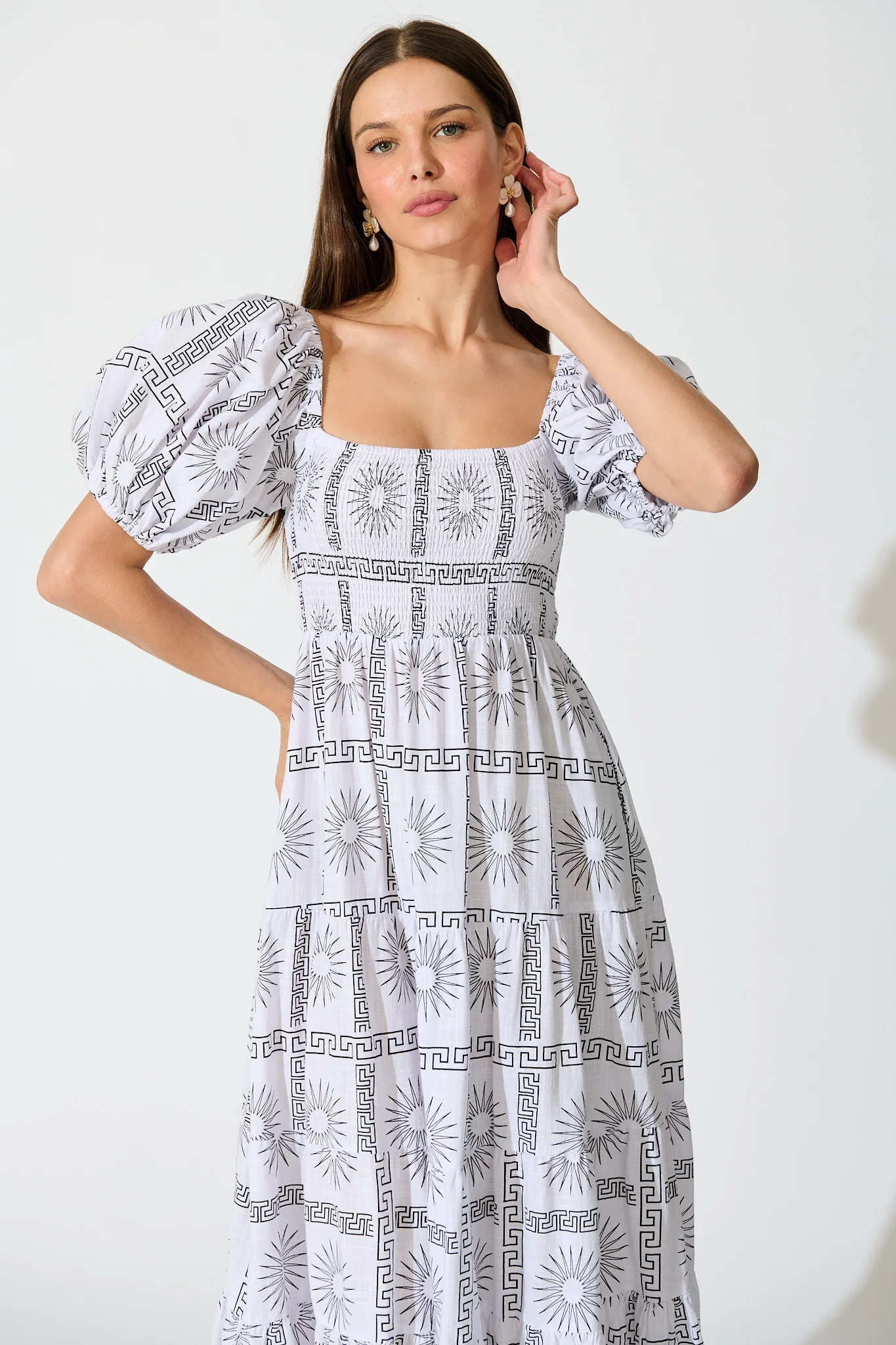 Oden Midi Dress in White Tile Print Cotton - Image 2