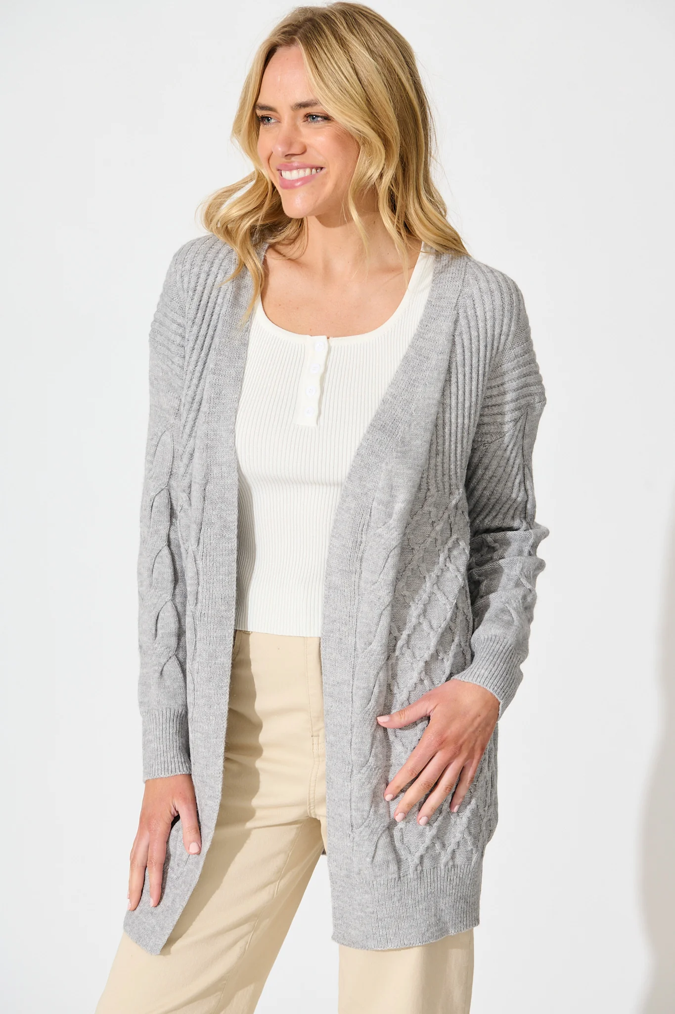 Okina Knit Cardigan In Grey Marle Wool Blend - Image 2