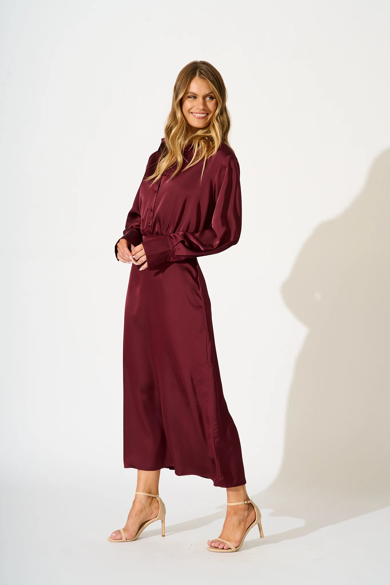 Olsen Maxi Dress in Wine Satin - Image 3