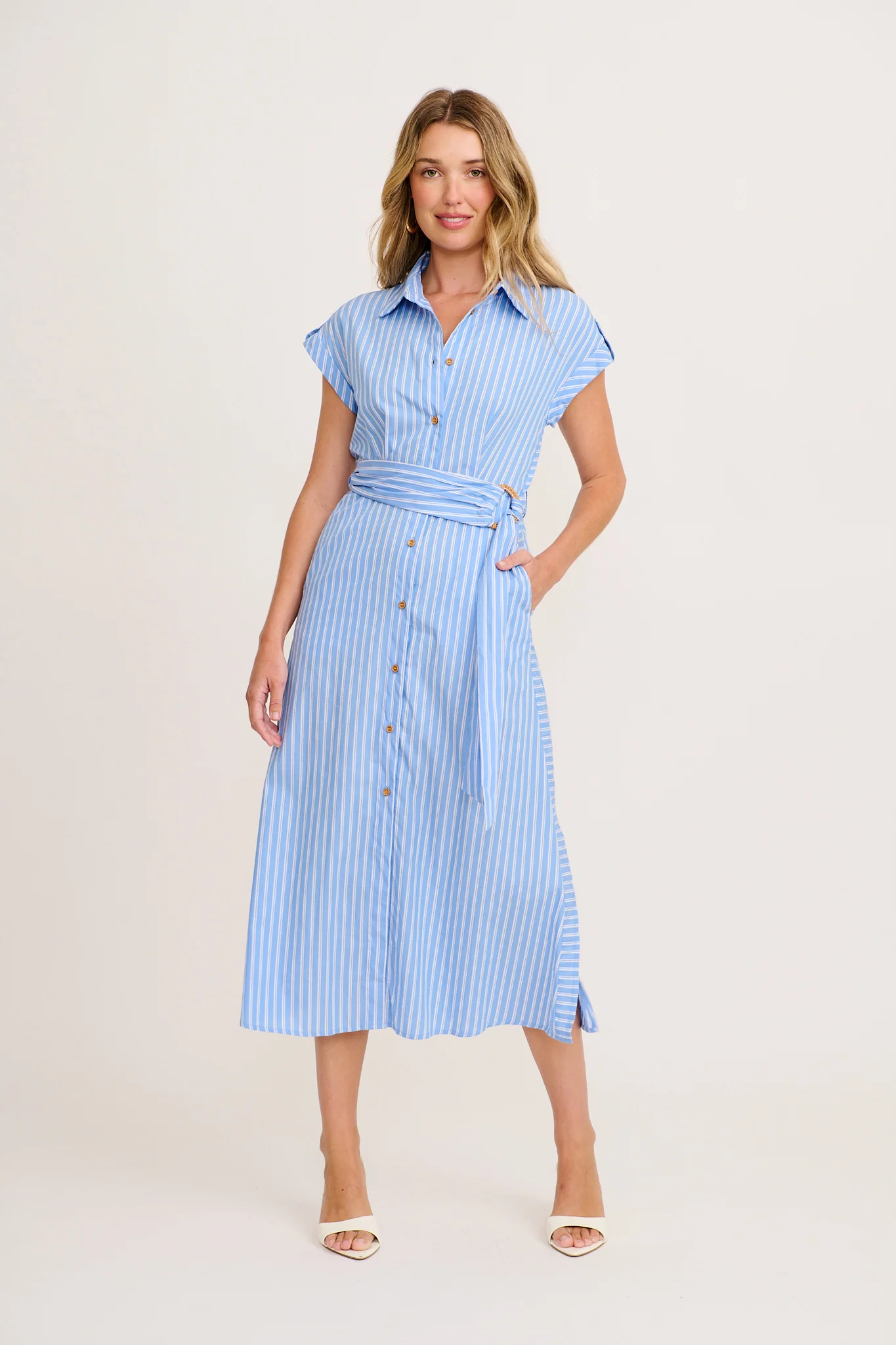 Olvera Midi Shirt Dress in Blue with White Stripe Cotton