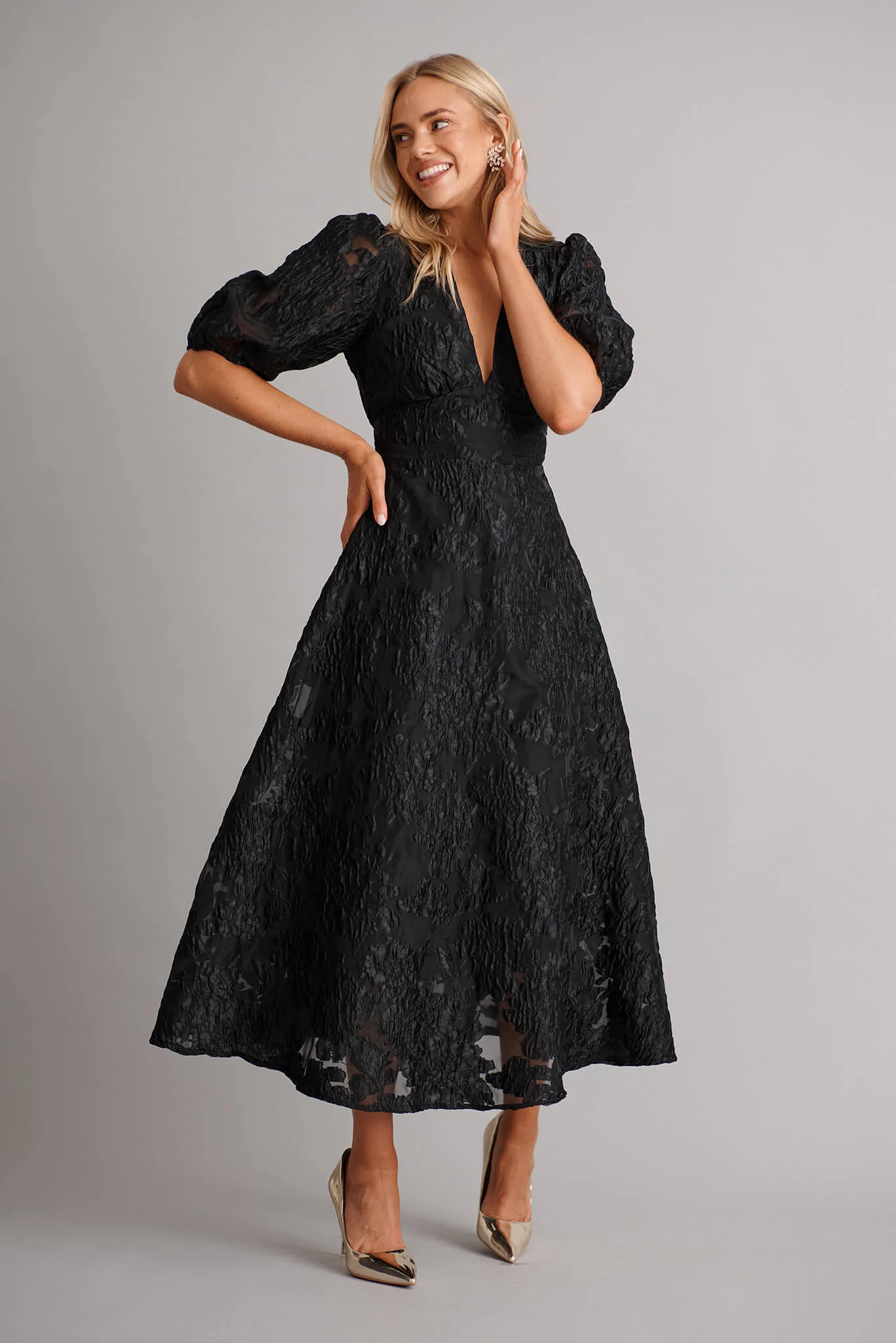 Opulence Midi Dress In Black Floral Organza Jacquard - Image 13