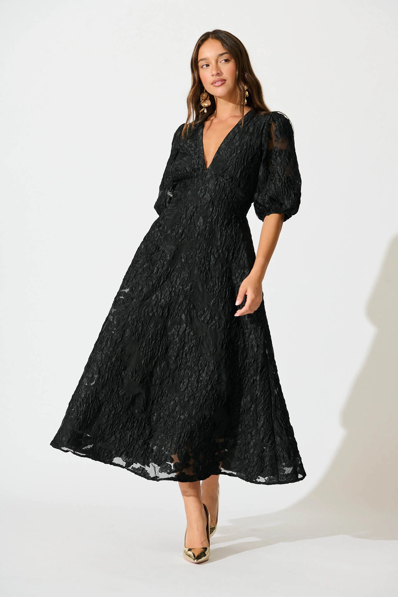 Opulence Midi Dress In Black Floral Organza Jacquard - Image 2