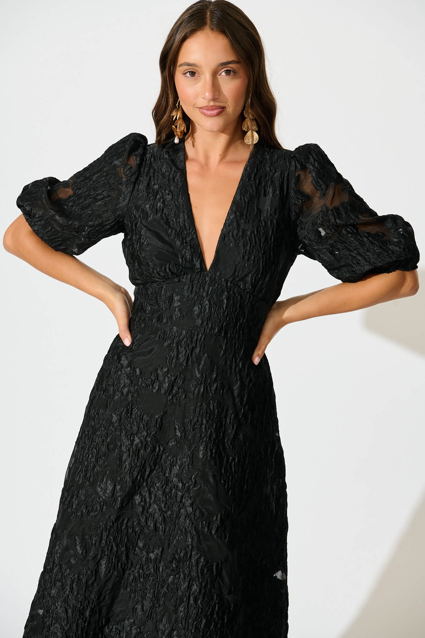 Opulence Midi Dress In Black Floral Organza Jacquard - Image 3