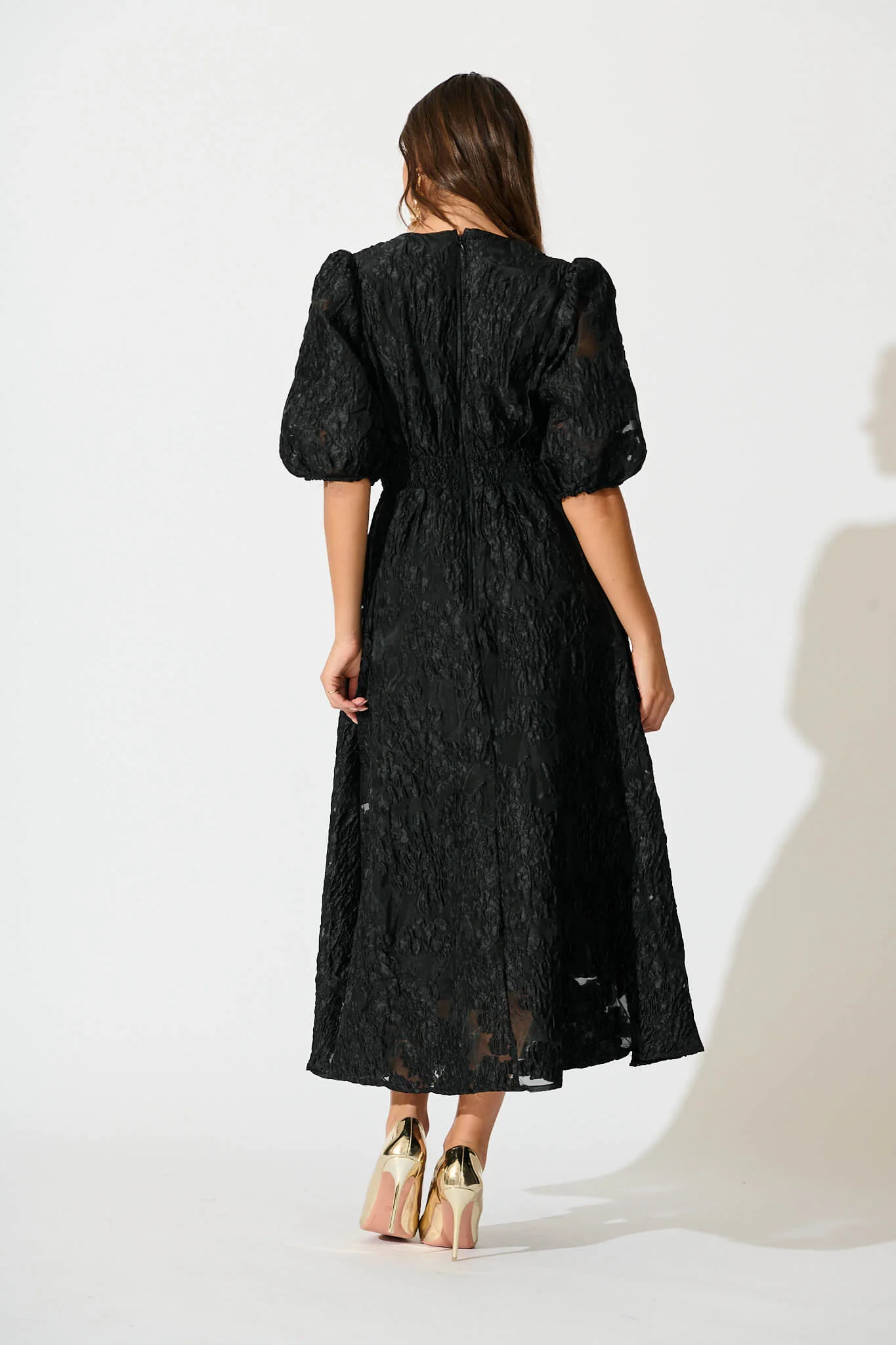 Opulence Midi Dress In Black Floral Organza Jacquard - Image 5