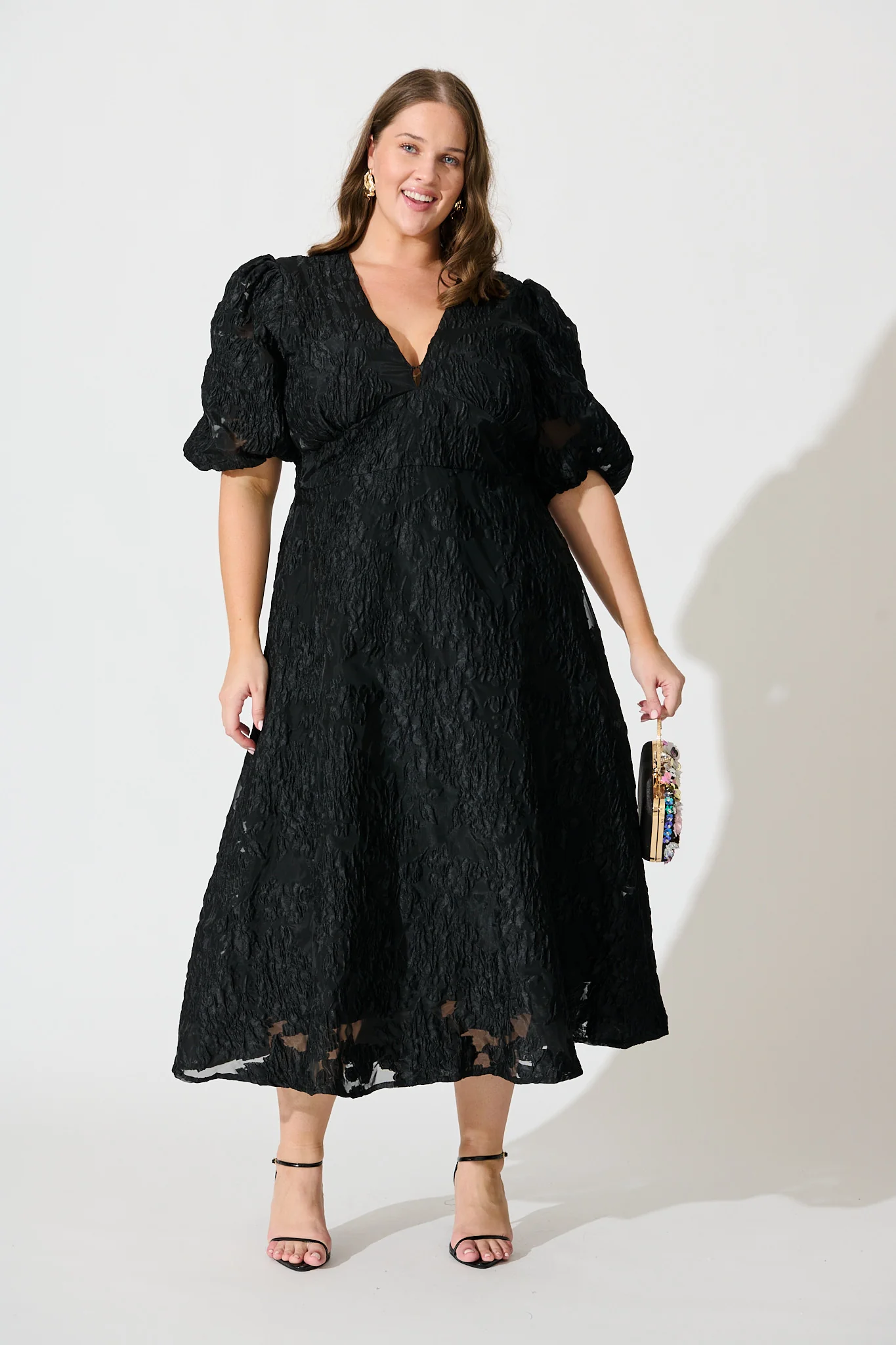 Opulence Midi Dress In Black Floral Organza Jacquard - Image 7