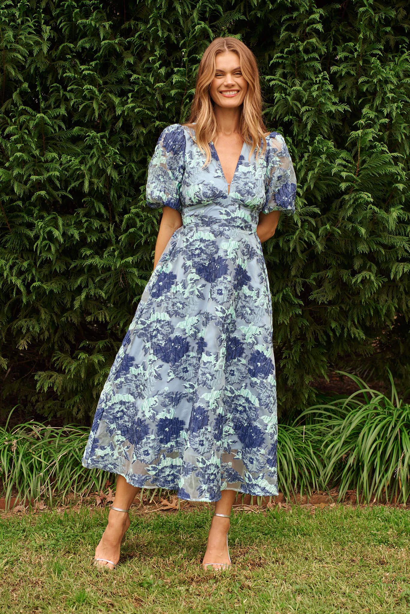 Opulence Midi Dress In Blue Floral Organza Jacquard - Image 4