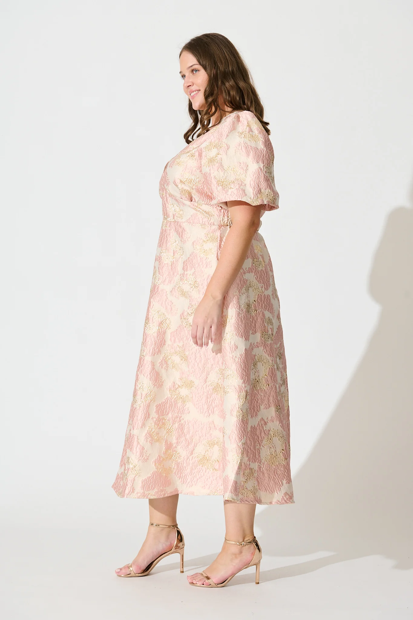 Opulence Midi Dress in Blush with Gold Jacquard - Image 8