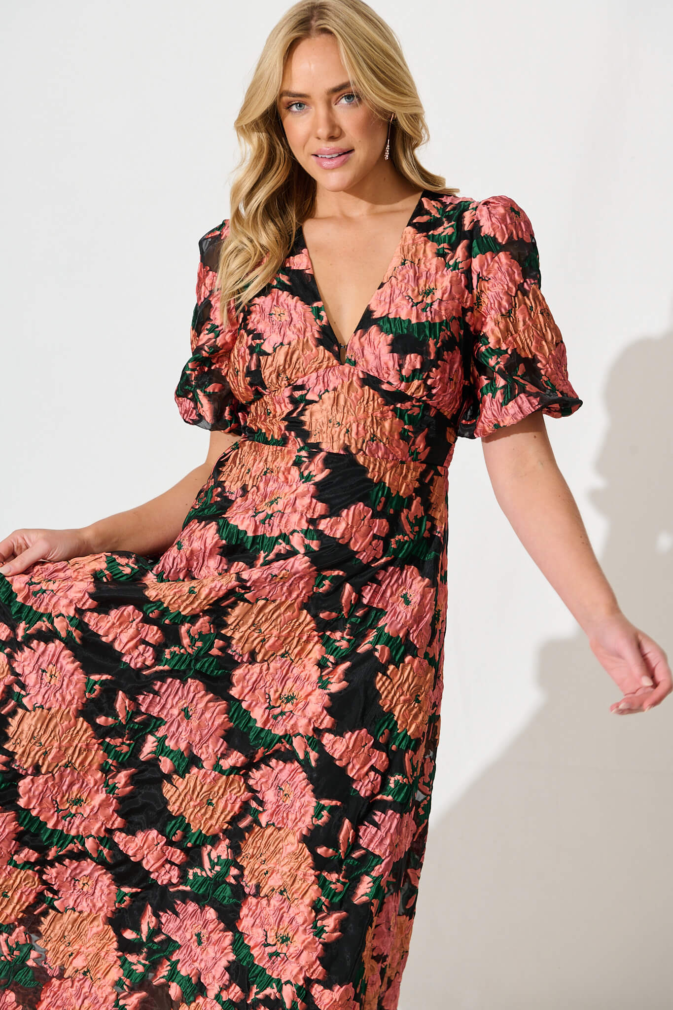 Opulence Midi Dress In Coral Floral Organza - Image 2