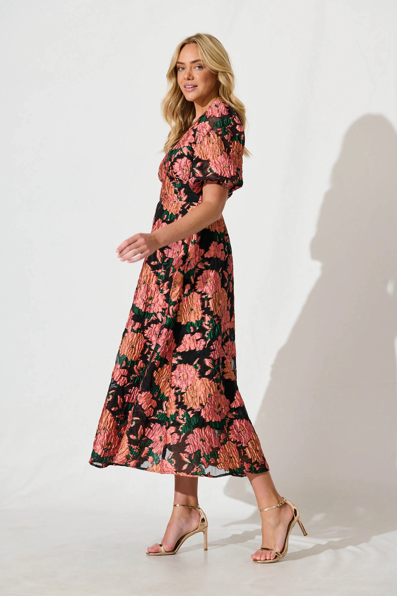 Opulence Midi Dress In Coral Floral Organza - Image 3