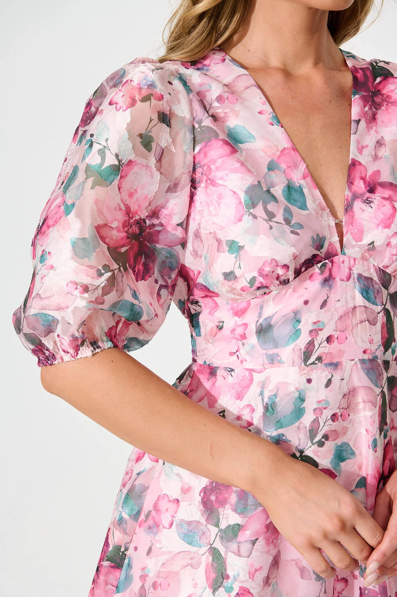 Opulence Midi Dress in Multi Pink Floral Organza - Image 9