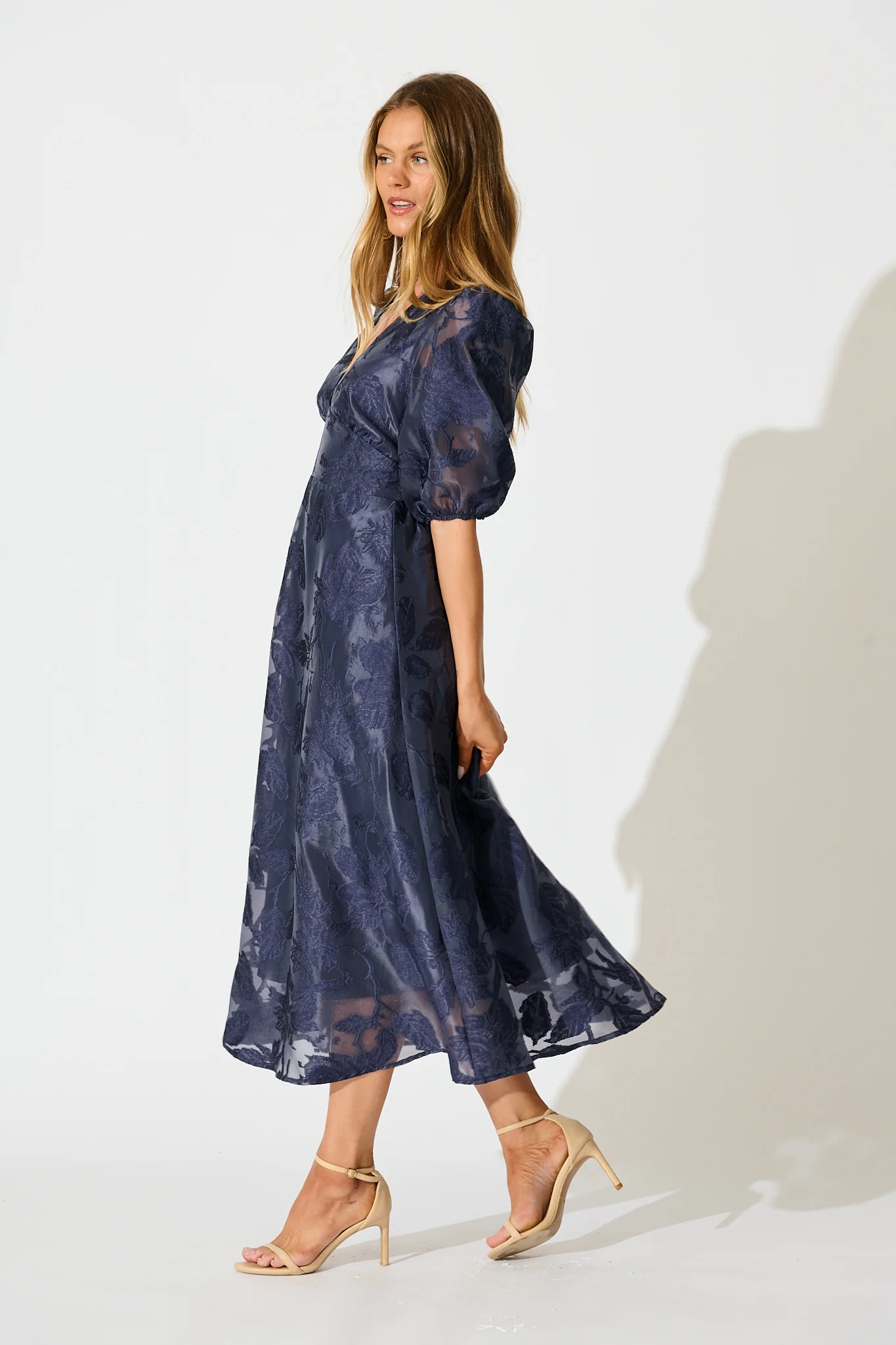 Opulence Midi Dress in Navy Floral Organza - Image 3