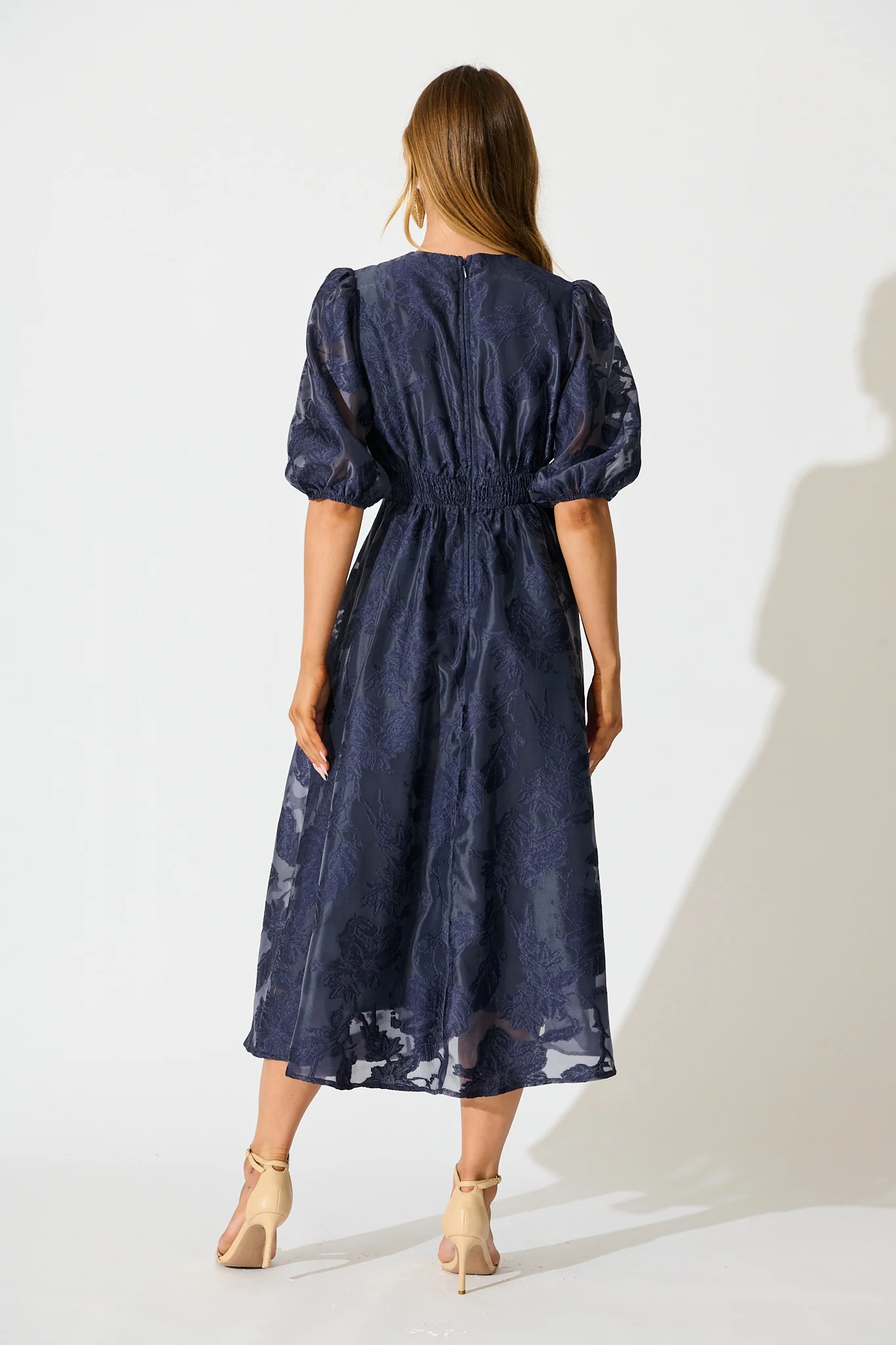 Opulence Midi Dress in Navy Floral Organza - Image 4