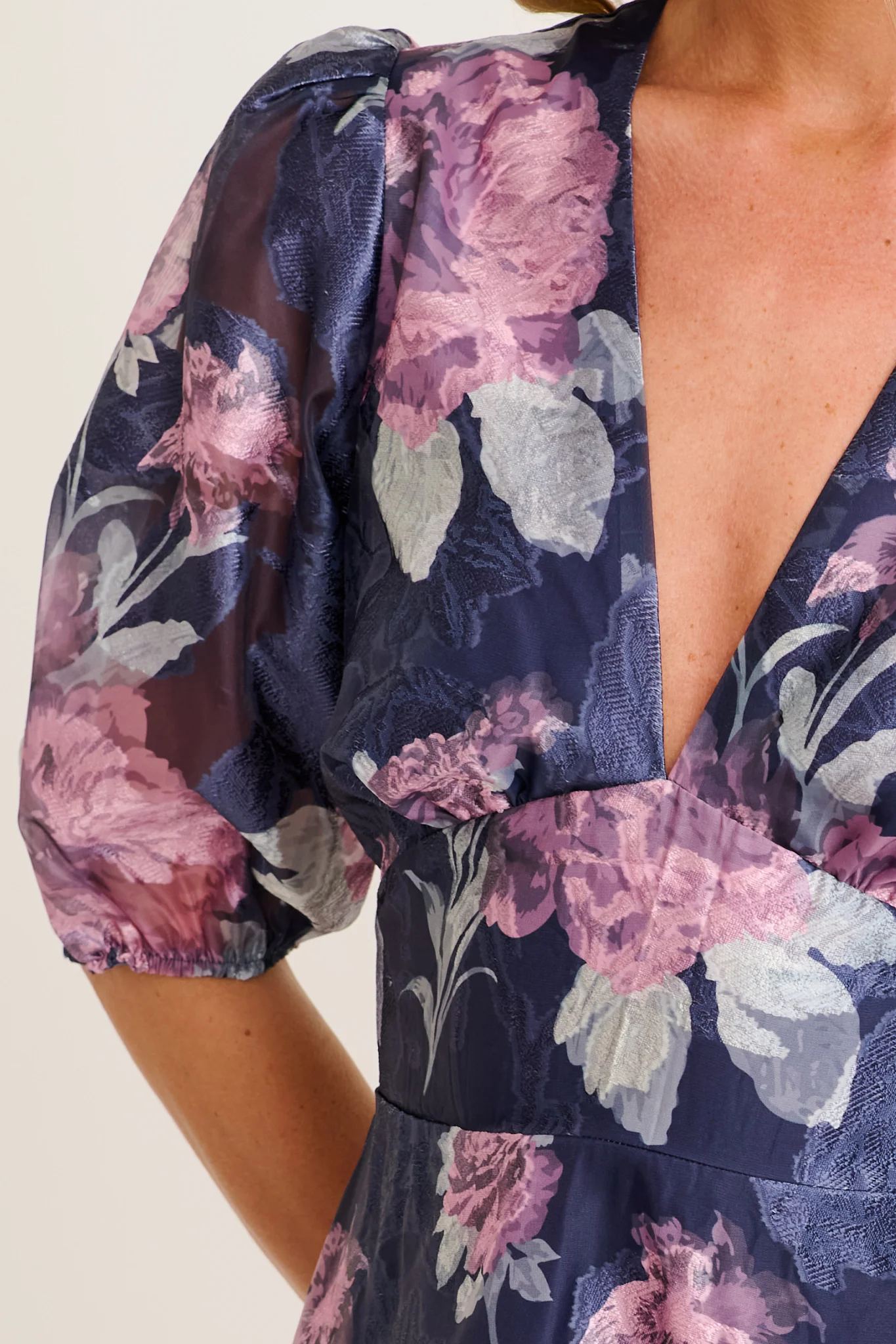 Opulence Midi Dress in Navy with Pink Floral Organza - Image 5