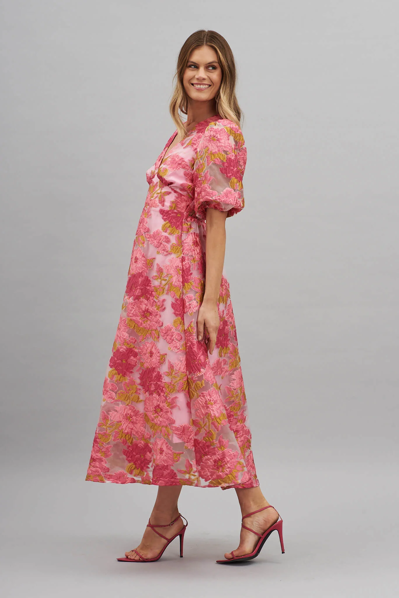 Opulence Midi Dress In Pink Floral Organza Burnout - Image 3