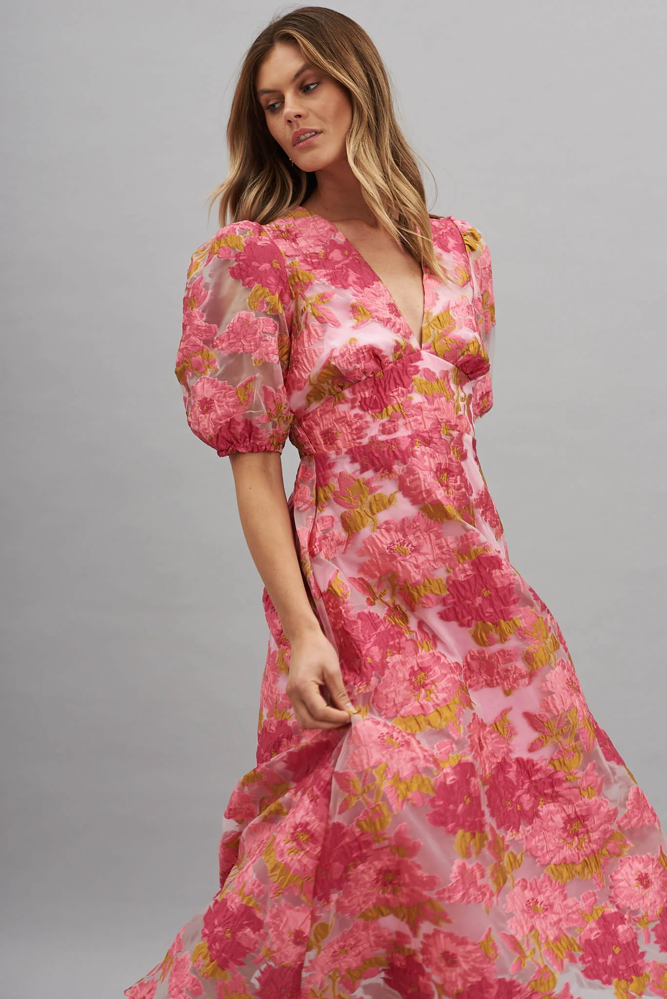 Opulence Midi Dress In Pink Floral Organza Burnout - Image 5