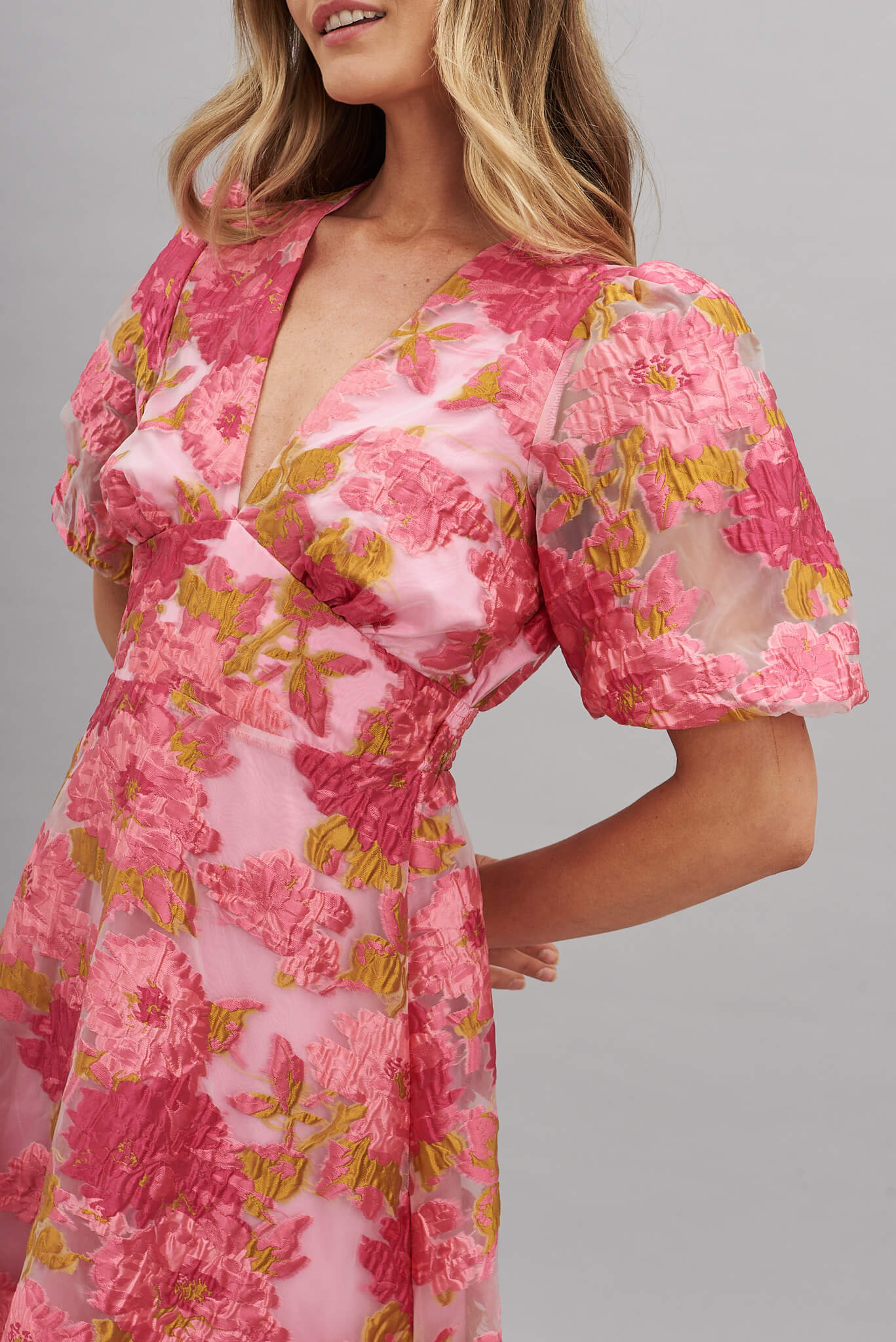 Opulence Midi Dress In Pink Floral Organza Burnout - Image 6