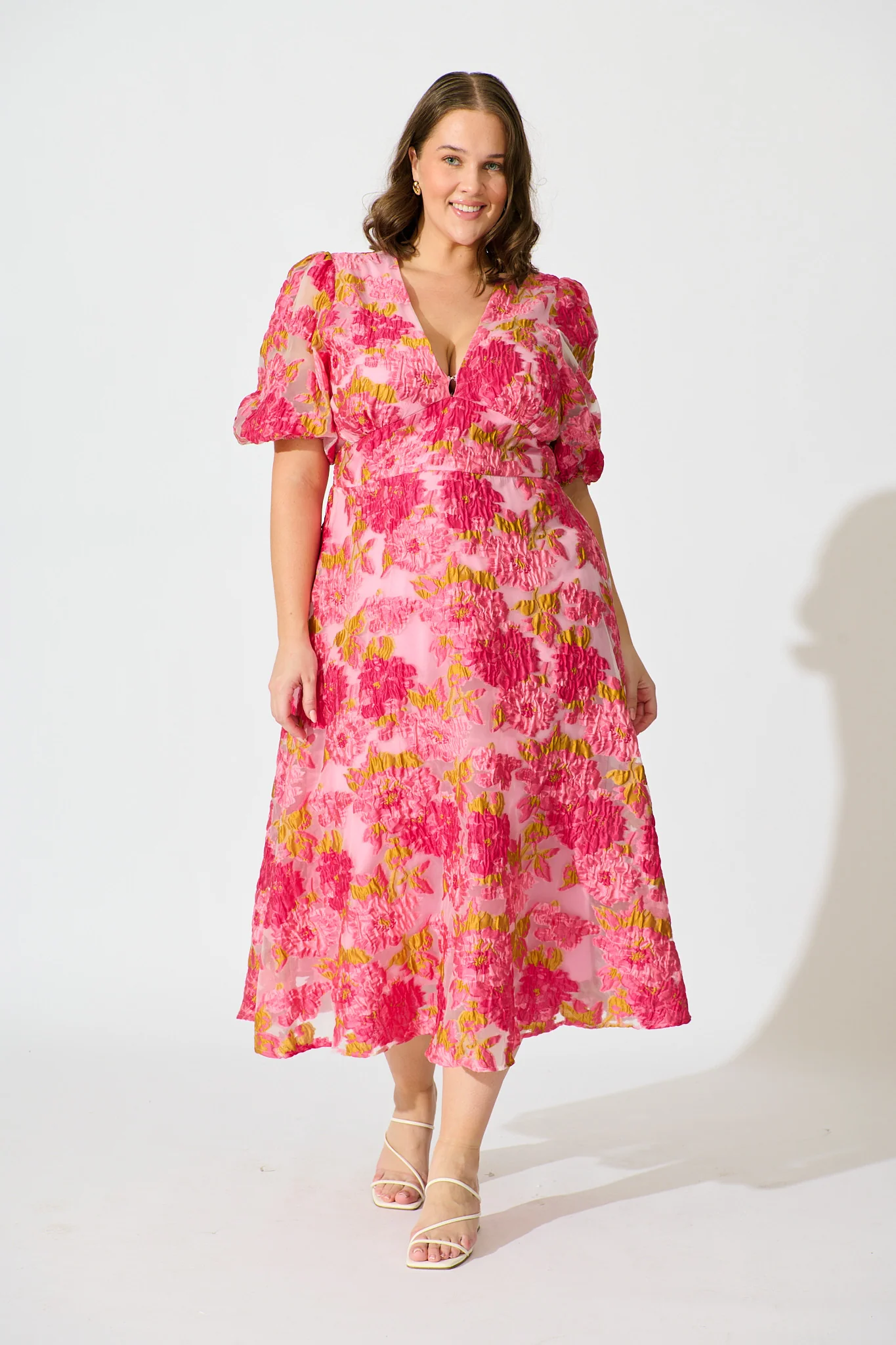 Opulence Midi Dress In Pink Floral Organza Burnout - Image 7