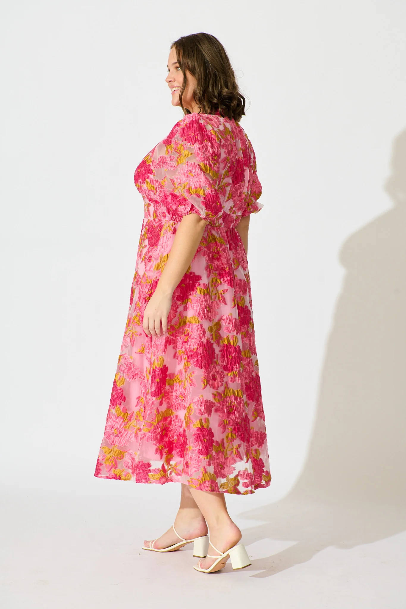 Opulence Midi Dress In Pink Floral Organza Burnout - Image 9