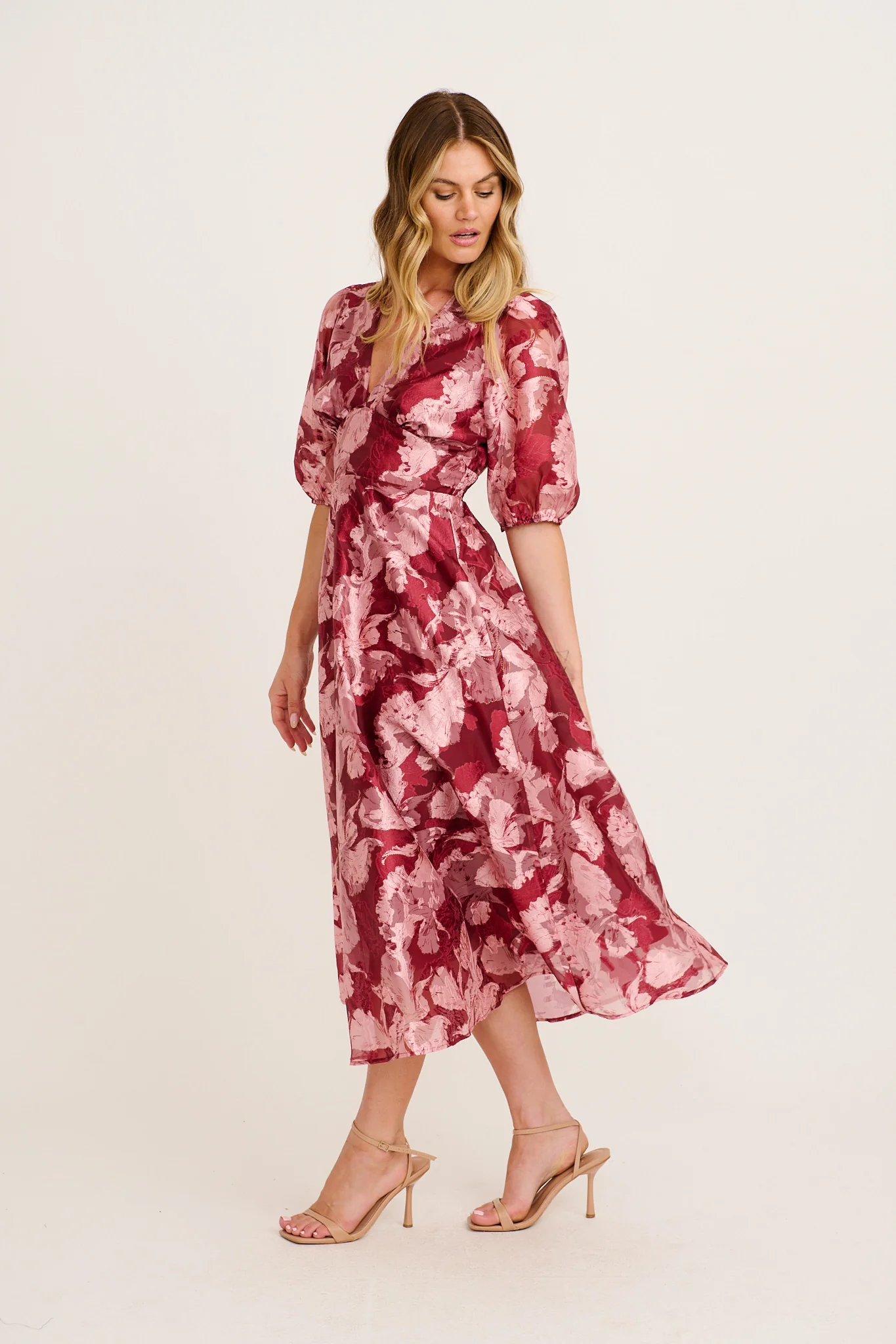 Opulence Midi Dress in Wine Floral Organza - Image 3