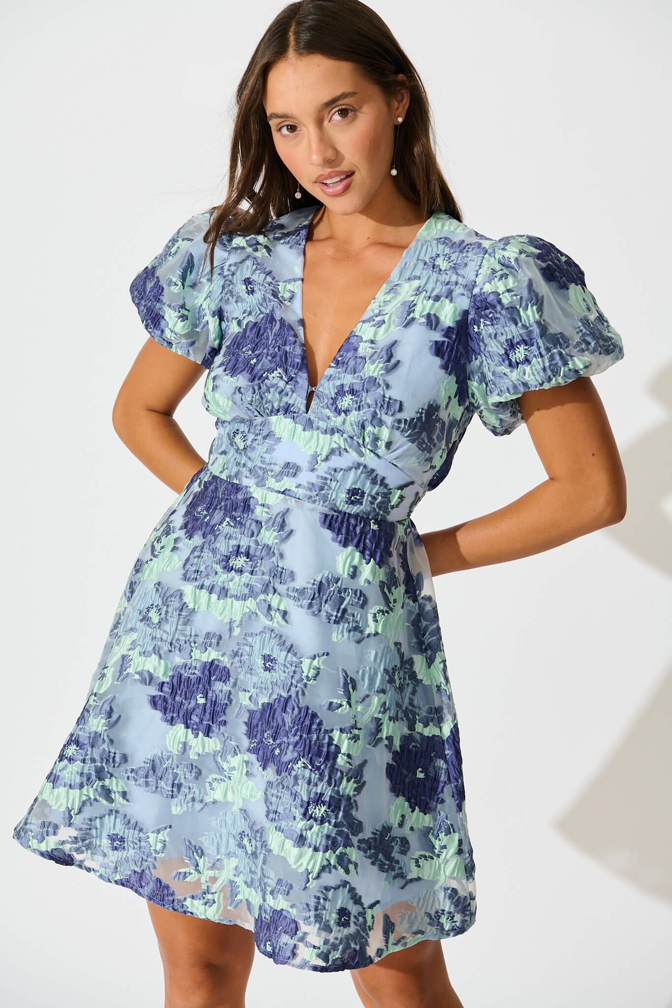 Opulent Dress in Blue Floral Organza Jacquard - Image 2