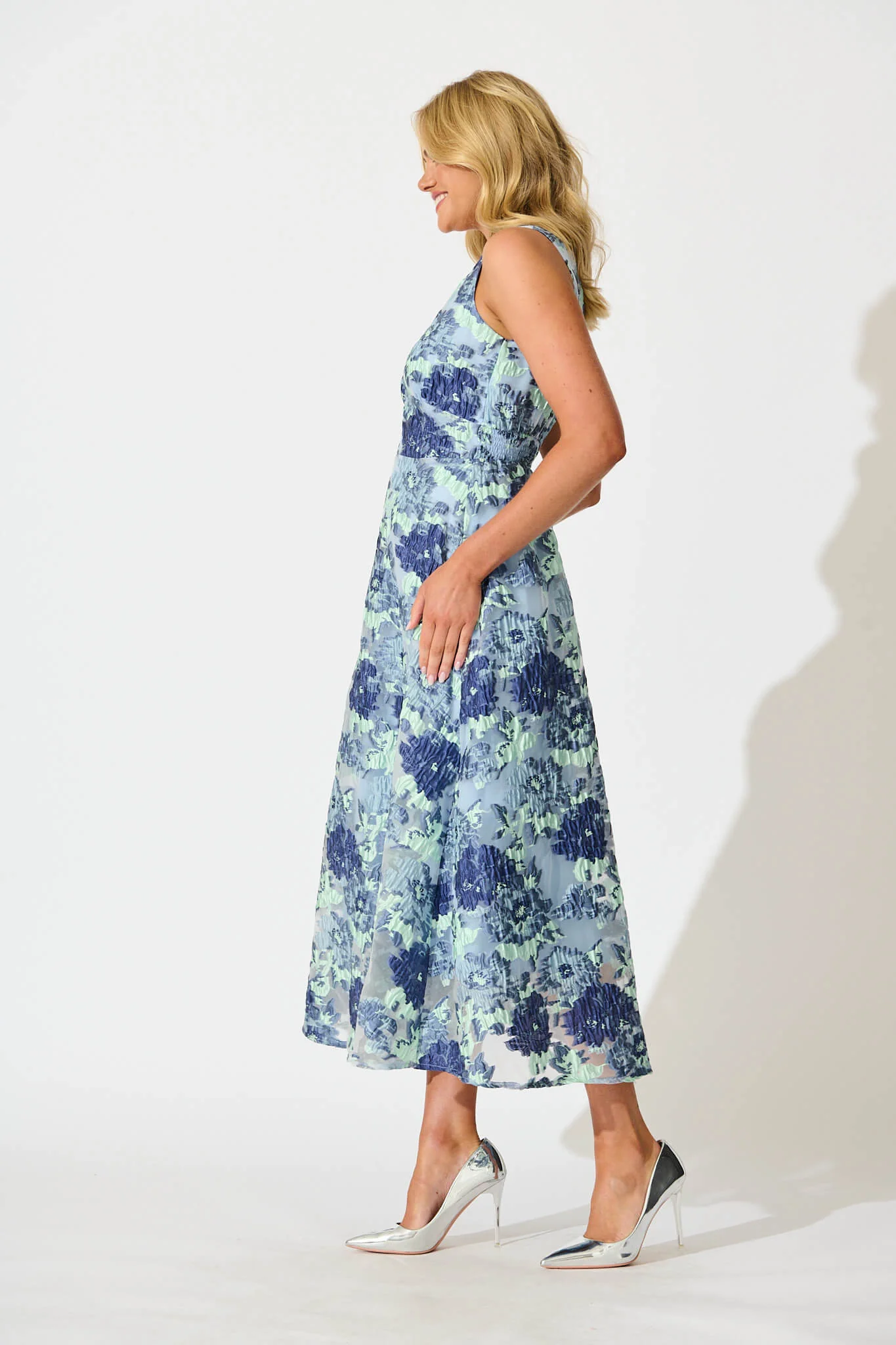 Opuluxe Maxi Dress in Blue Floral Organza Jaquard - Image 3