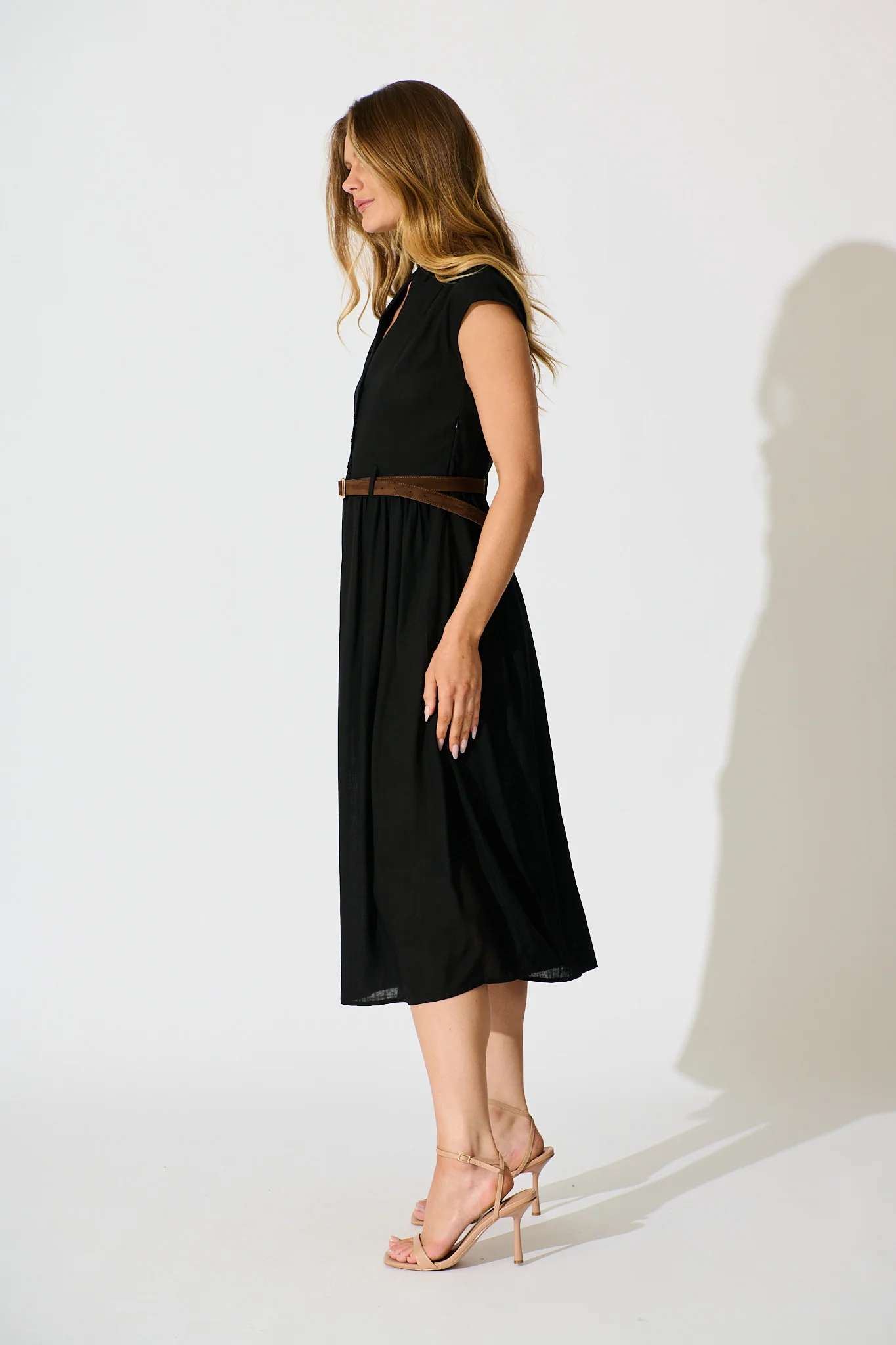 Ordella Midi Dress in Black Linen Blend with Belt - Image 3