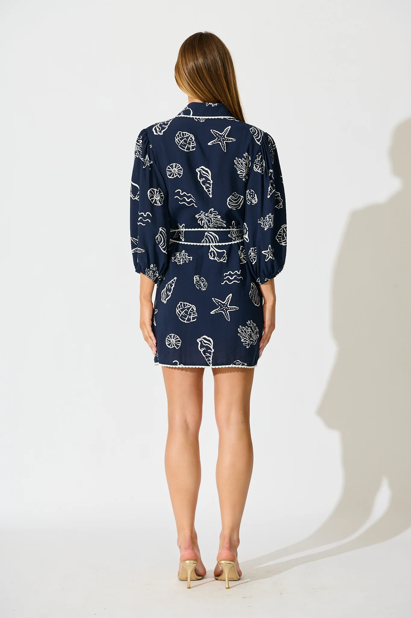 Oriella Shirt Dress in Navy with White Shell Print - Image 4