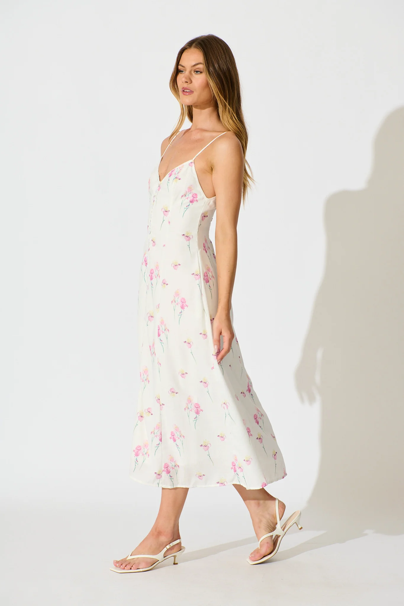 Orlaith Midi Dress in White and Pink Floral Linen Blend - Image 2