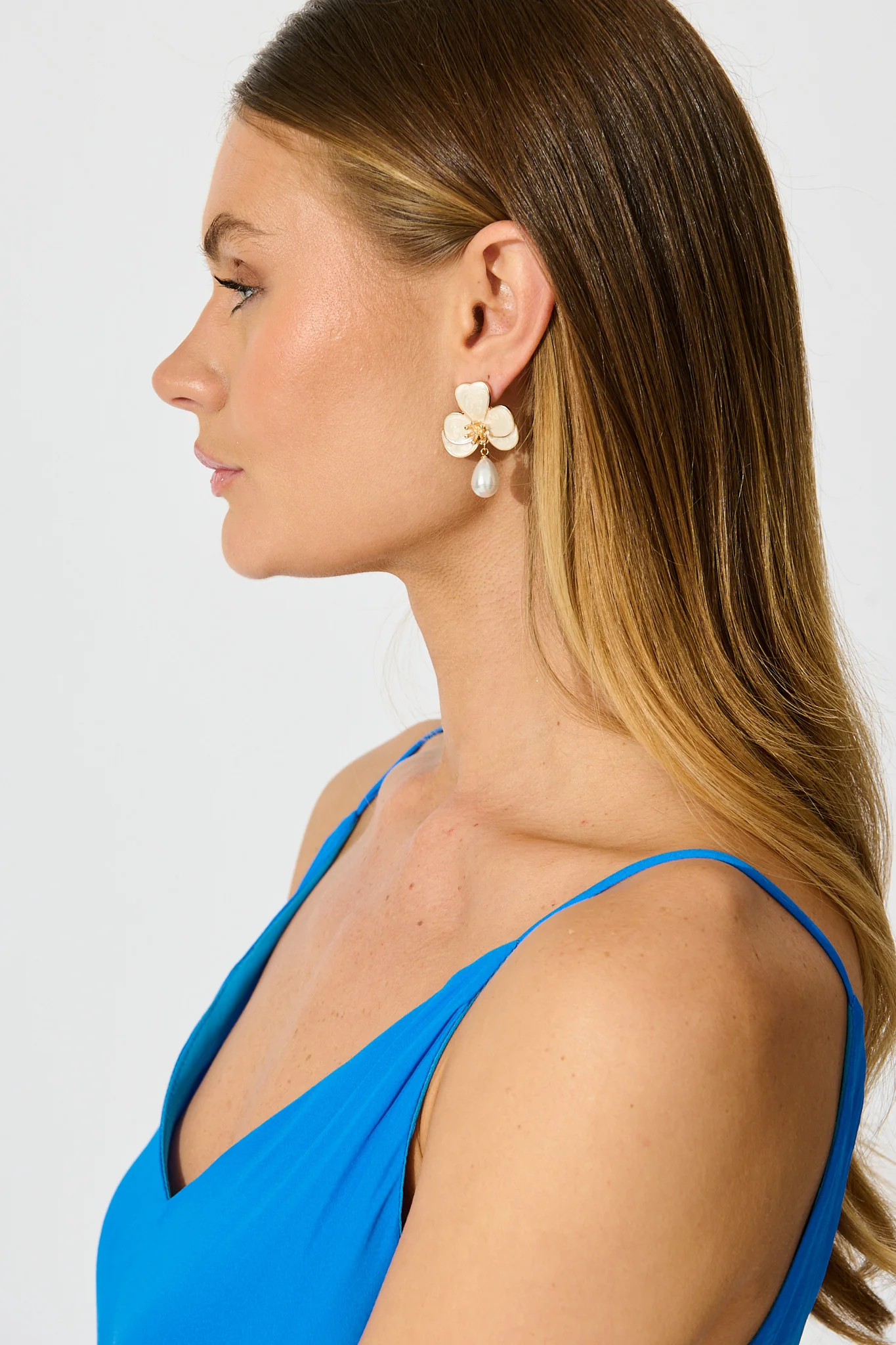 Osteria Orchid Drop Earrings in Gold with Pearlescent - Image 3