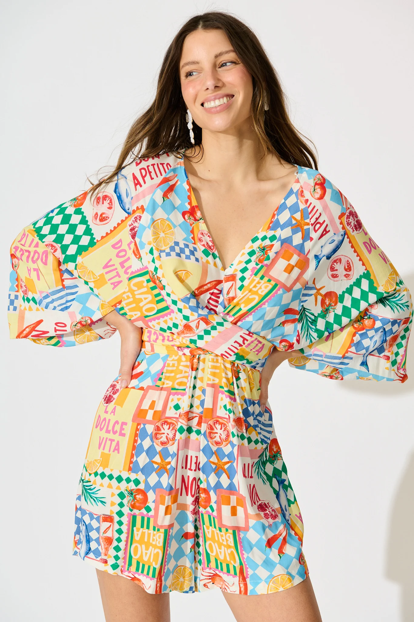 Otillie Playsuit in White Multi Conversational Print - Image 5