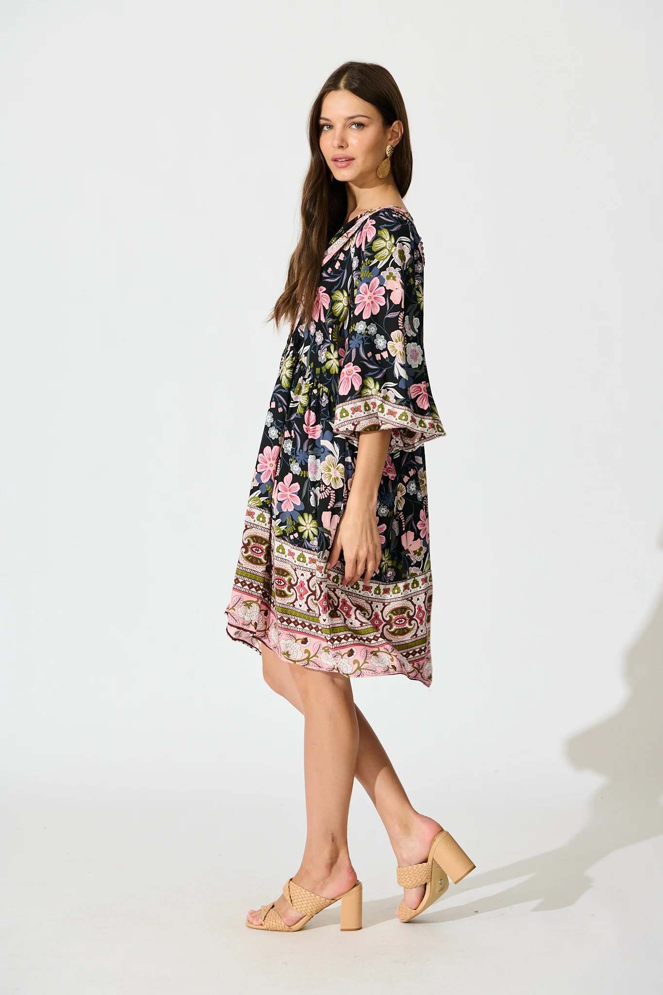 Otra Smock Dress in Black Multi Floral Print - Image 3