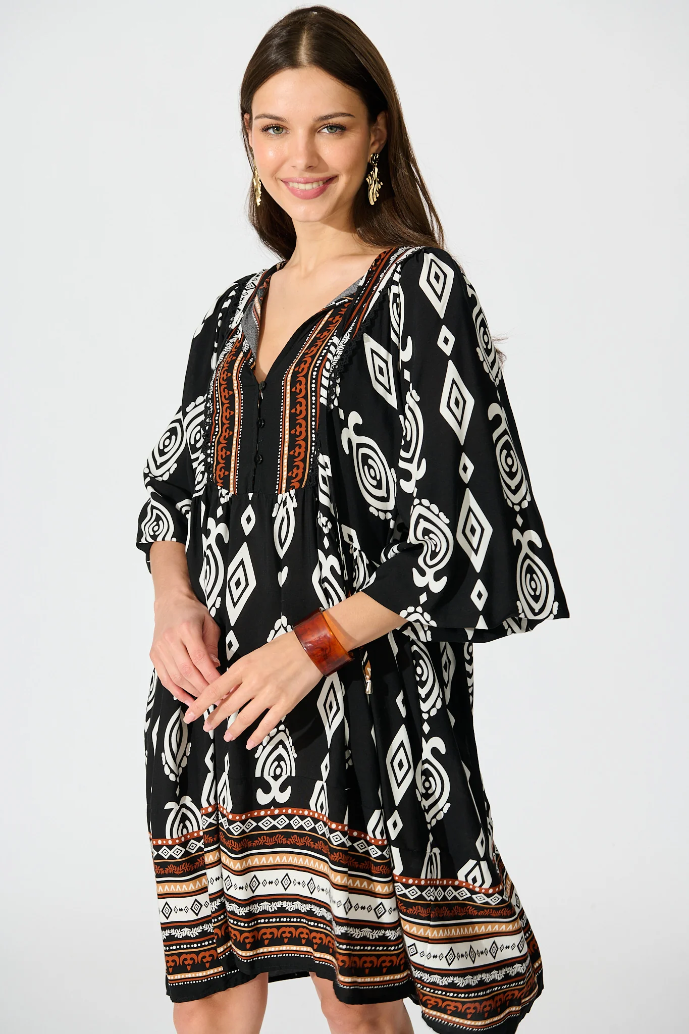 Otra Smock Dress in Black with Multi Boho Print - Image 2