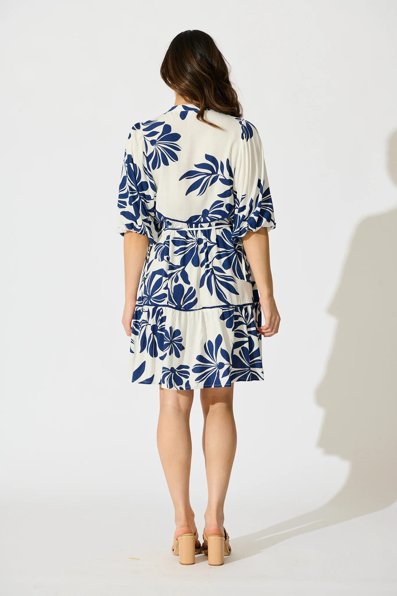 Ottilie Dress in White with Navy Leaf Linen Blend - Image 4