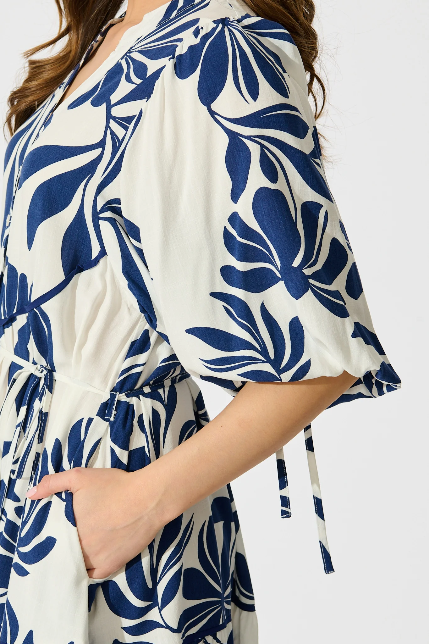 Ottilie Dress in White with Navy Leaf Linen Blend - Image 5