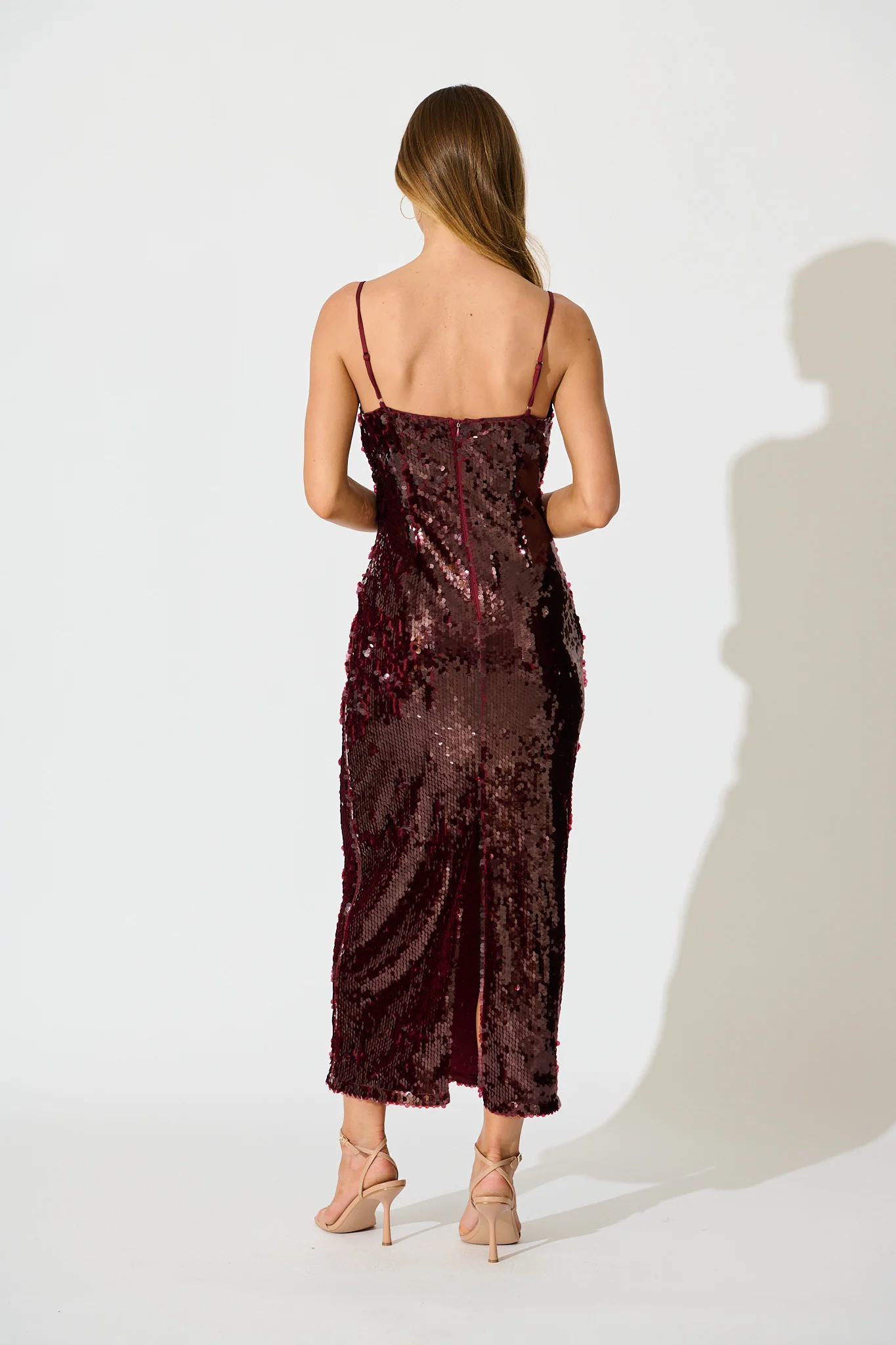 Out Till Dawn Midi Dress in Wine Sequin - Image 12