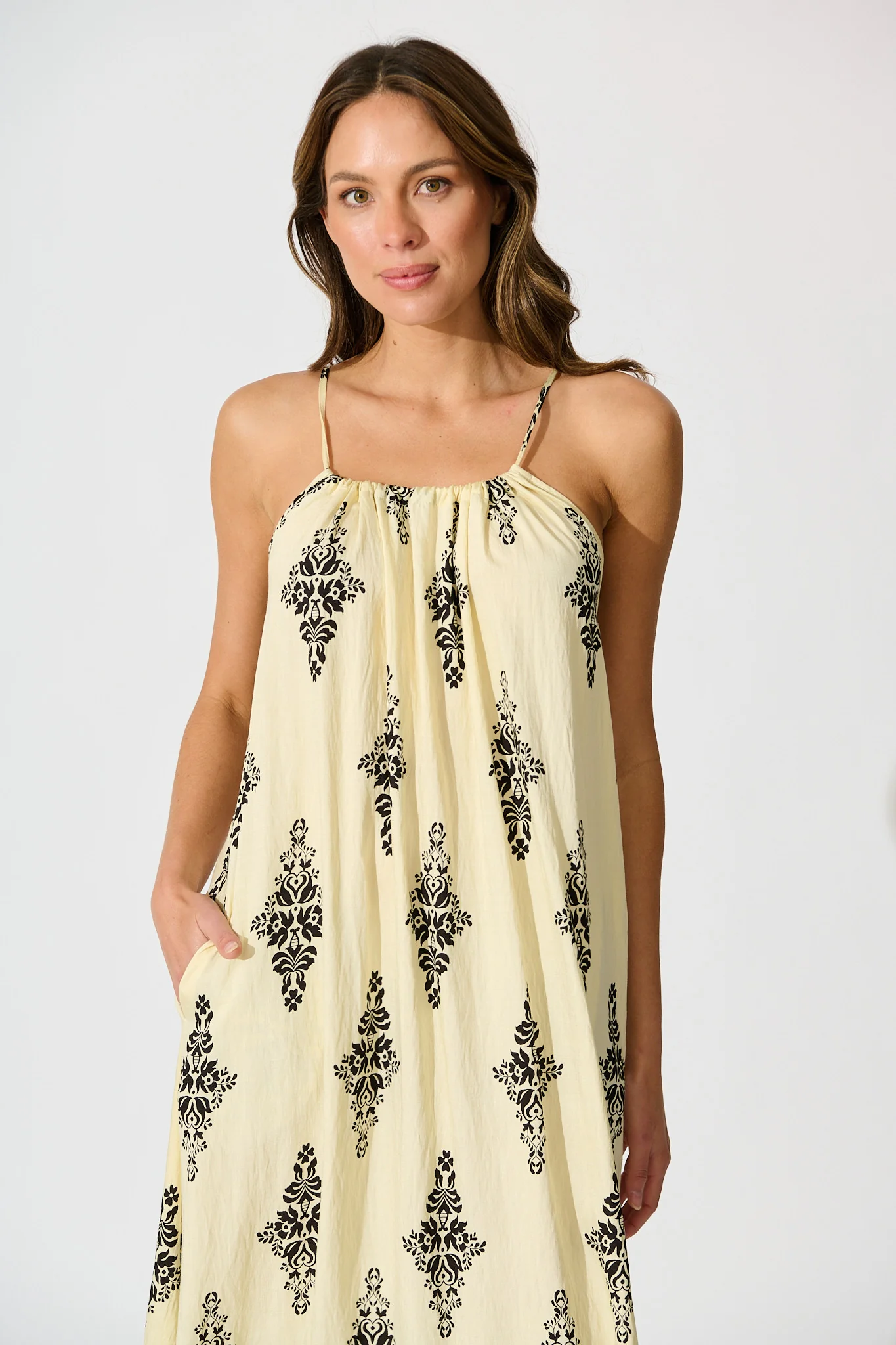 Ovina Maxi Sundress in Cream with Black Border Print Linen Blend - Image 2