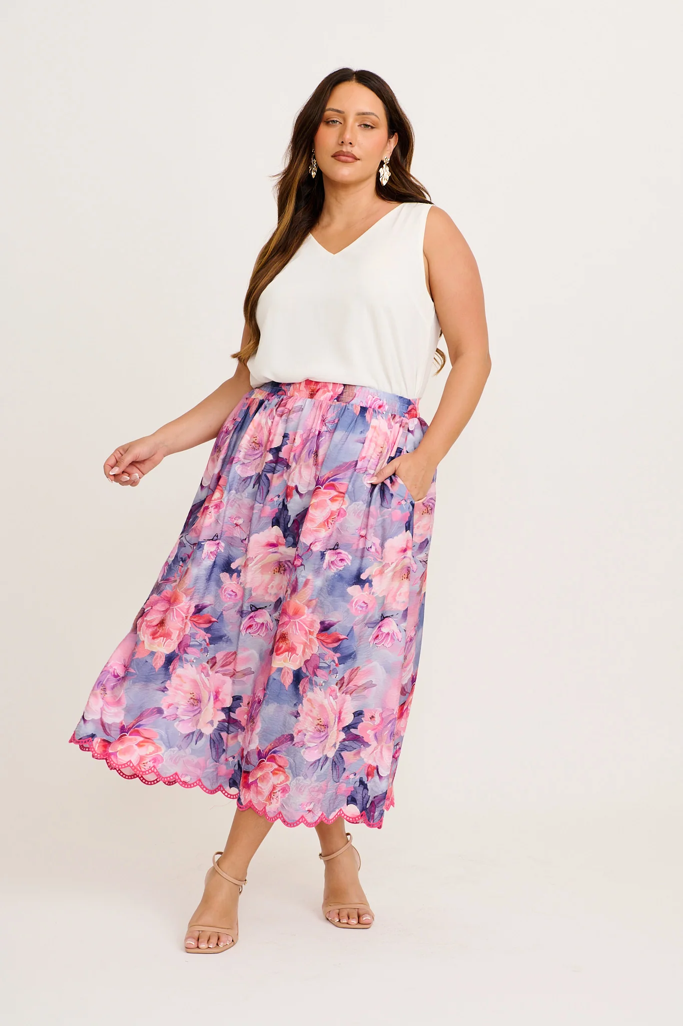 Painted Riveria Maxi Skirt in Blue with Lilac Floral - Image 2