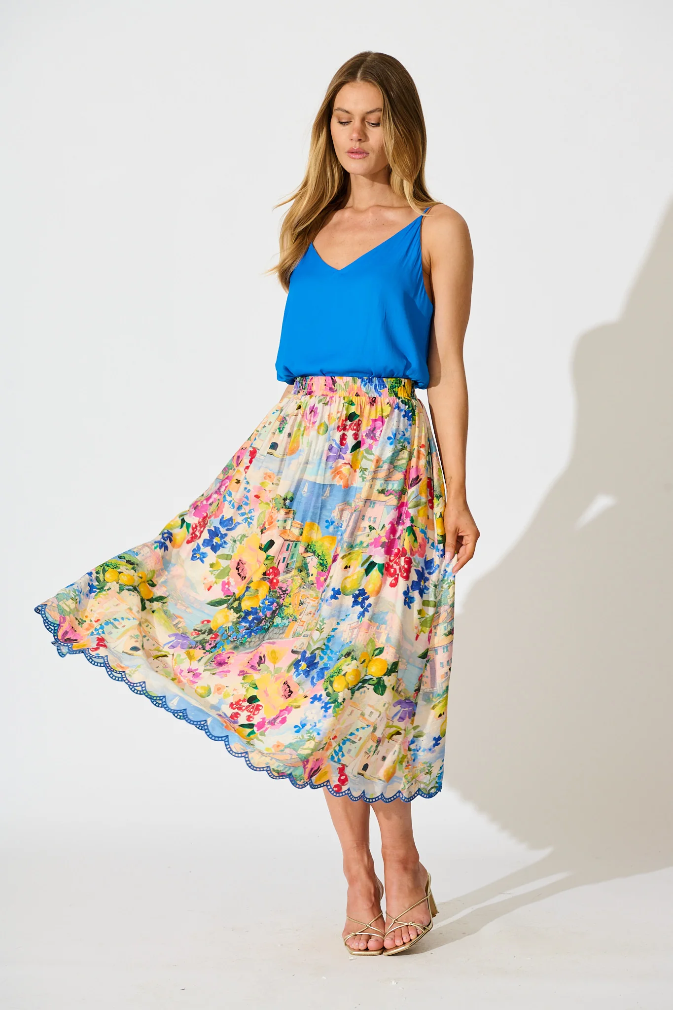 Painted Riveria Maxi Skirt in Multi Floral with Navy Trim - Image 4