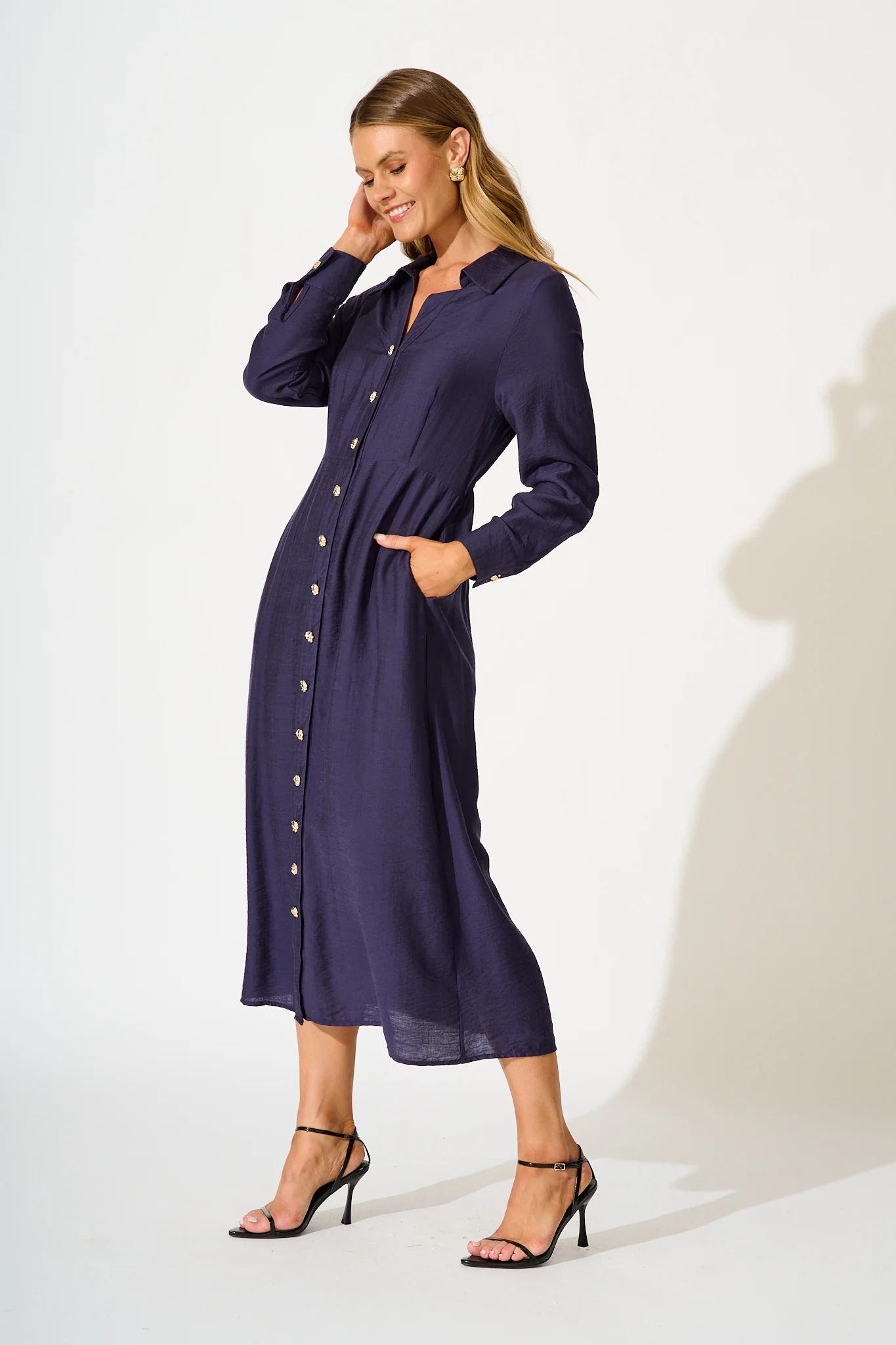 Painted Sky Midi Shirt Dress in Navy - Image 3