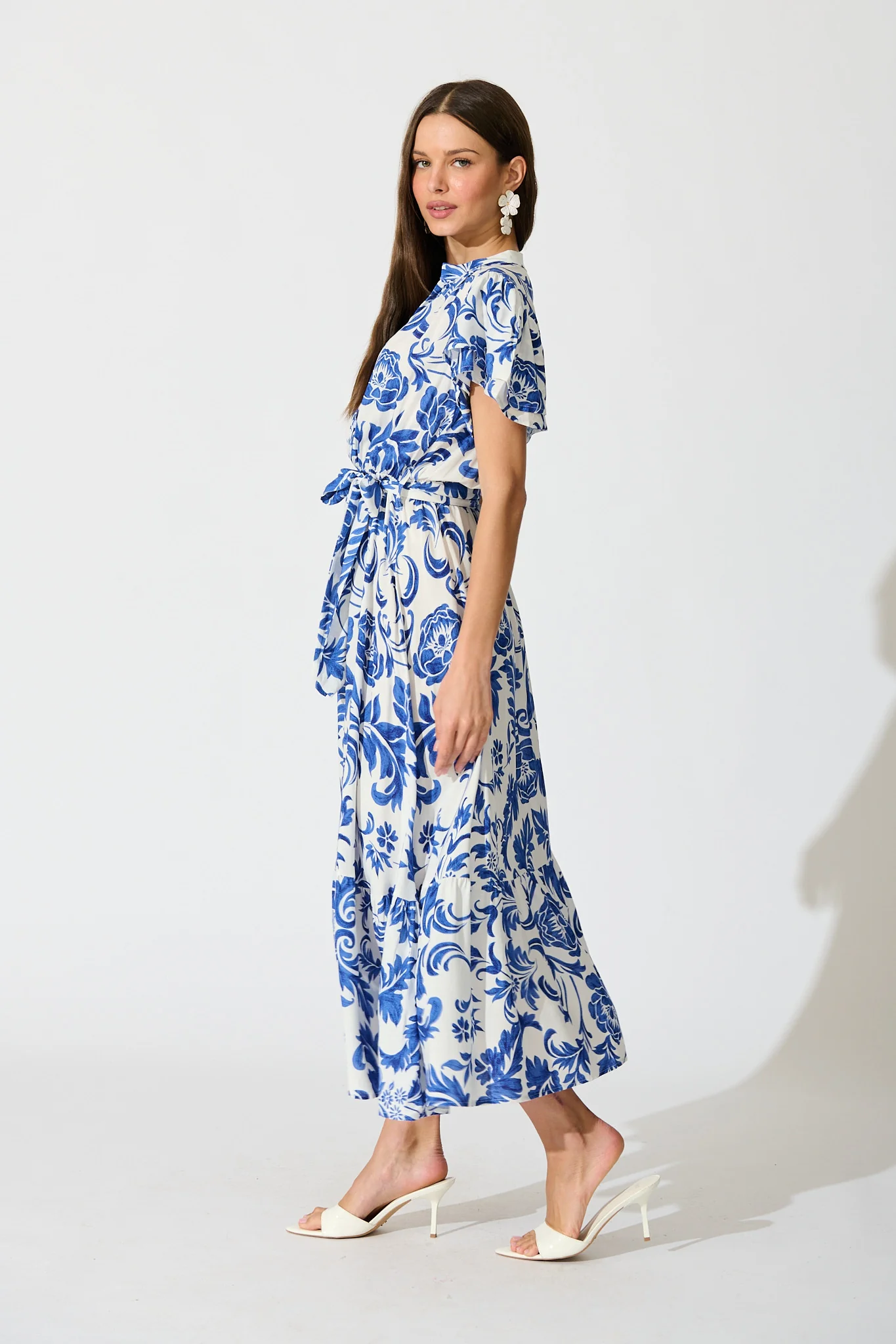 Paisley Fusion Midi Dress in White with Blue Floral - Image 3