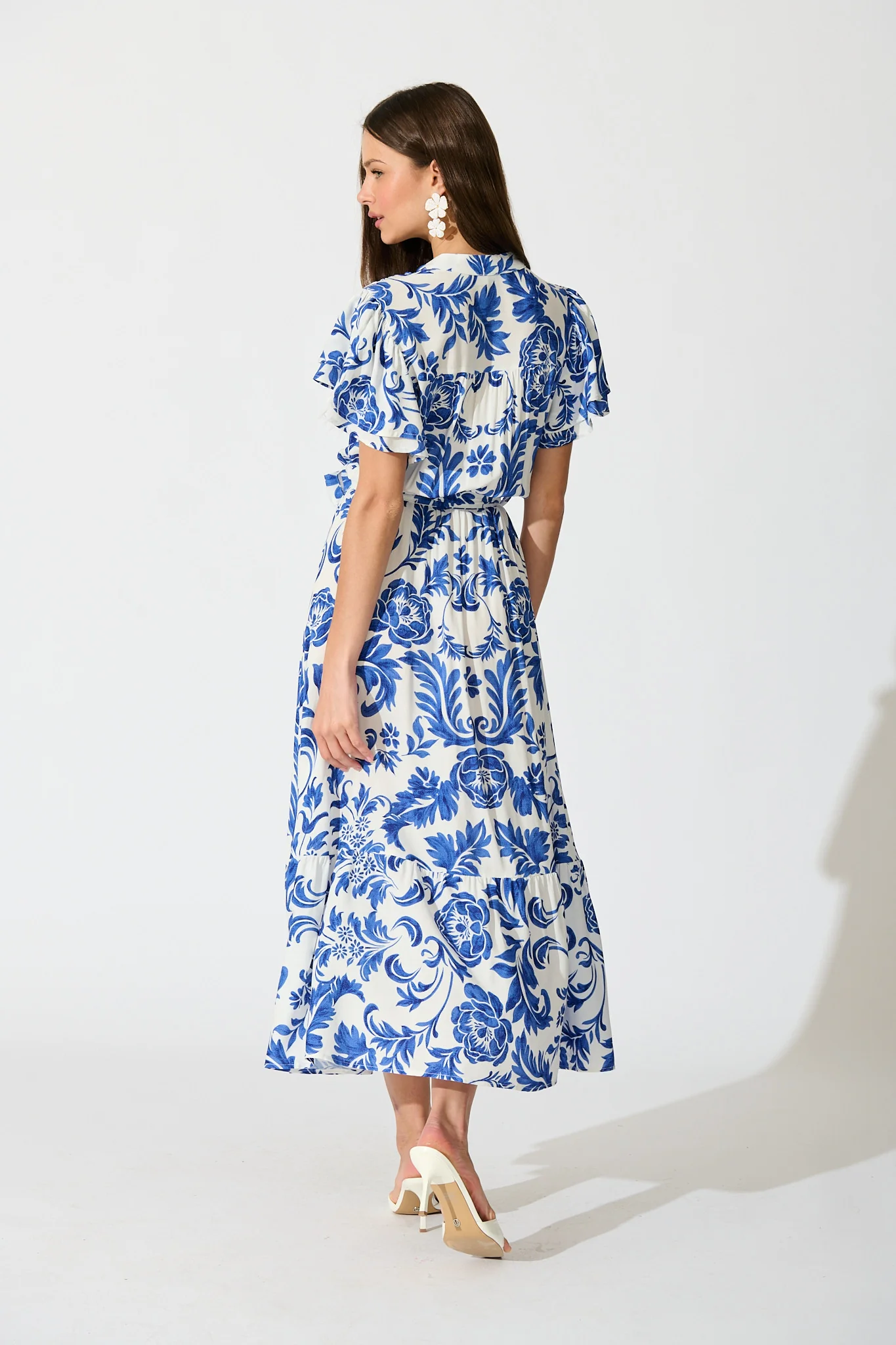 Paisley Fusion Midi Dress in White with Blue Floral - Image 4
